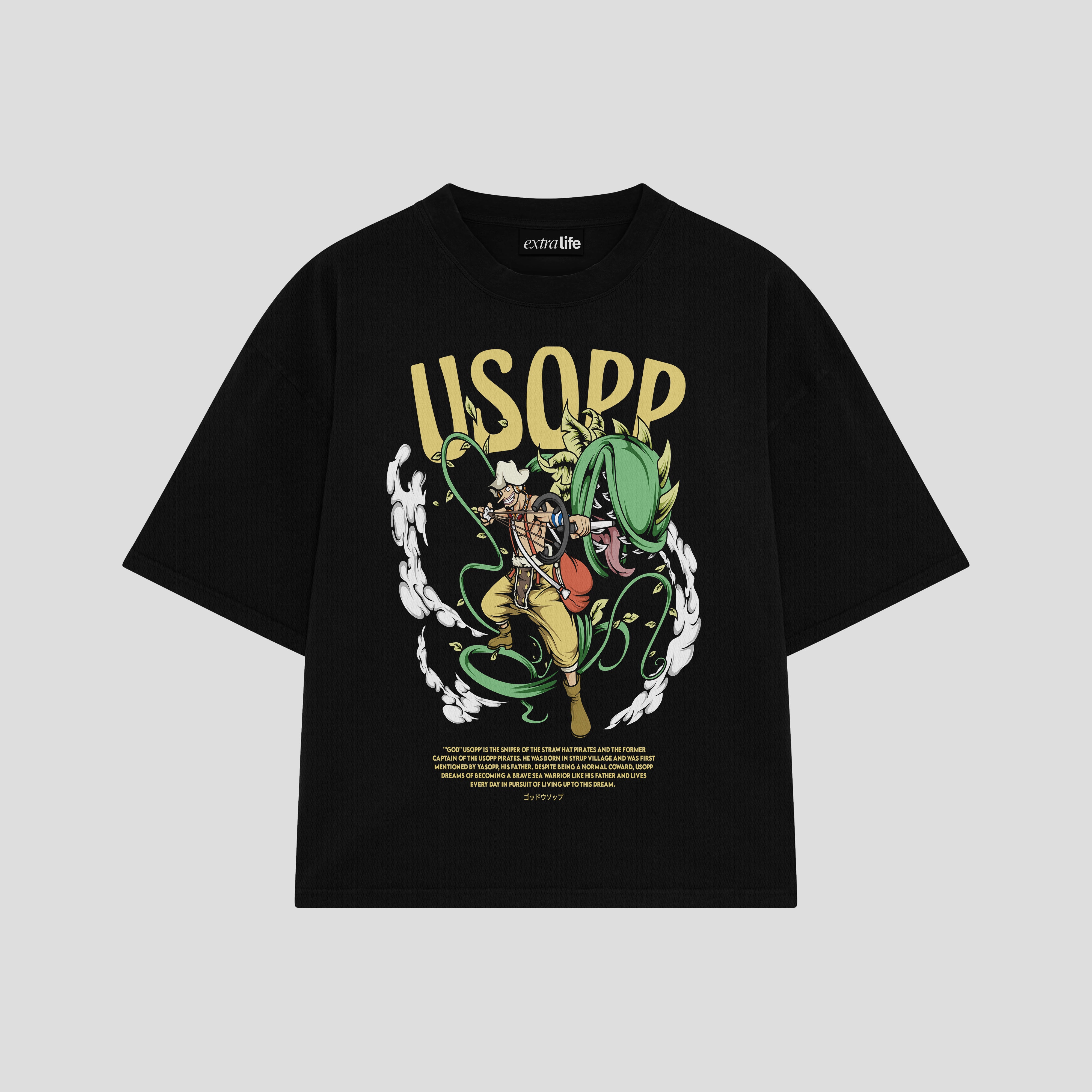 Playera streetwear premium de anime y gaming ExtraLife MX, corte boxy oversized drop shoulder heavyweight en color Deep Black y Off-White, moda urbana mexicana de culto.