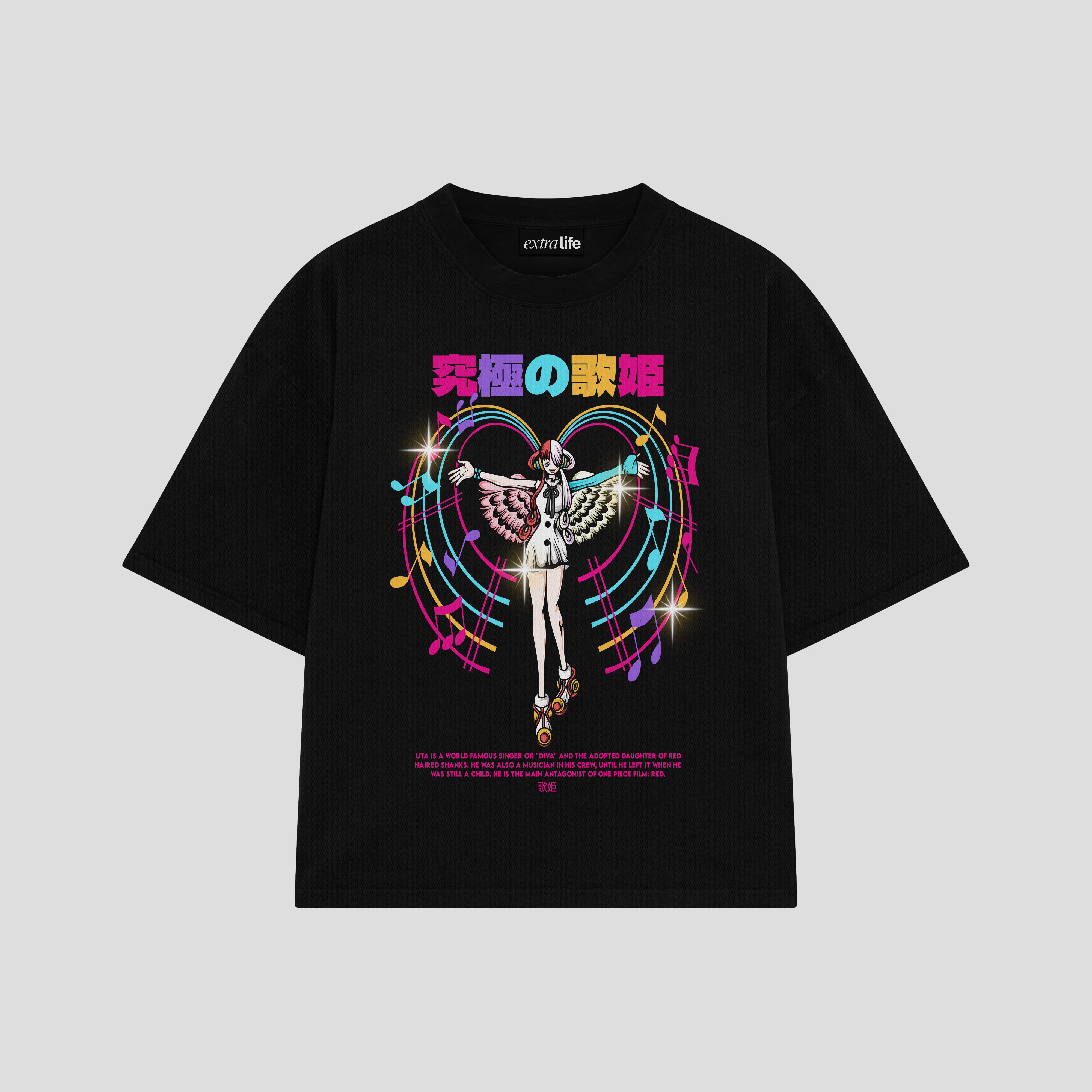 Playera streetwear premium de anime y gaming ExtraLife MX, corte boxy oversized drop shoulder heavyweight en color Deep Black y Off-White, moda urbana mexicana de culto.