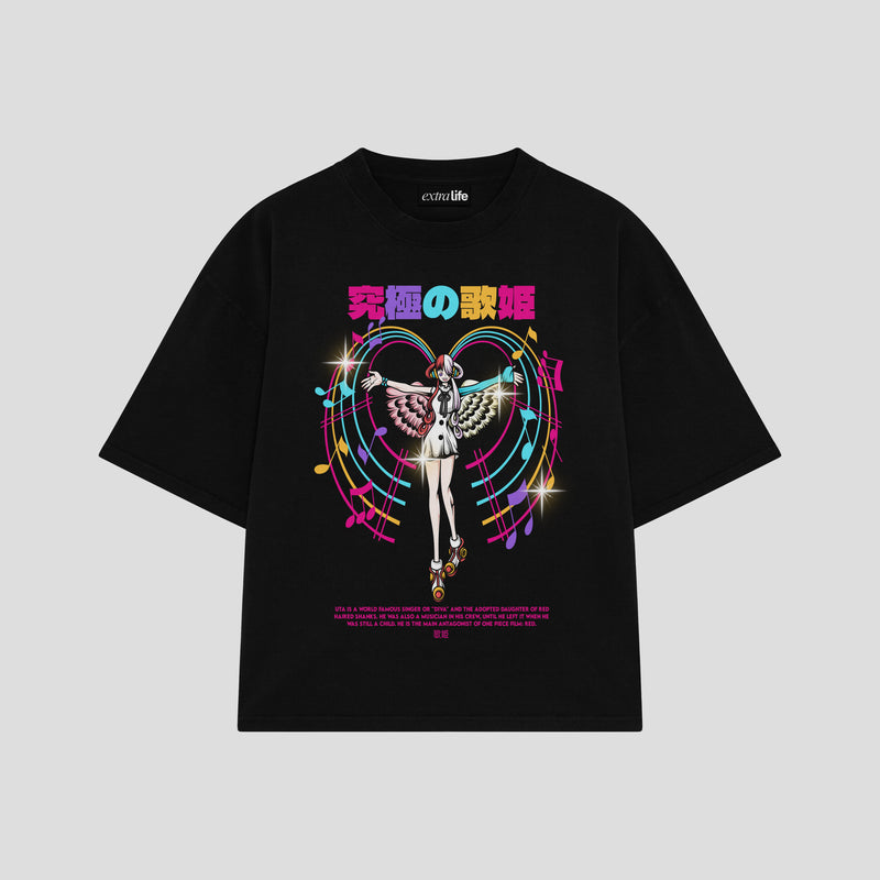 Playera streetwear premium de anime y gaming ExtraLife MX, corte boxy oversized drop shoulder heavyweight en color Deep Black y Off-White, moda urbana mexicana de culto.