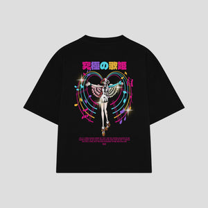 Playera streetwear premium de anime y gaming ExtraLife MX, corte boxy oversized drop shoulder heavyweight en color Deep Black y Off-White, moda urbana mexicana de culto.