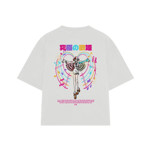 Playera streetwear premium de anime y gaming ExtraLife MX, corte boxy oversized drop shoulder heavyweight en color Deep Black y Off-White, moda urbana mexicana de culto.