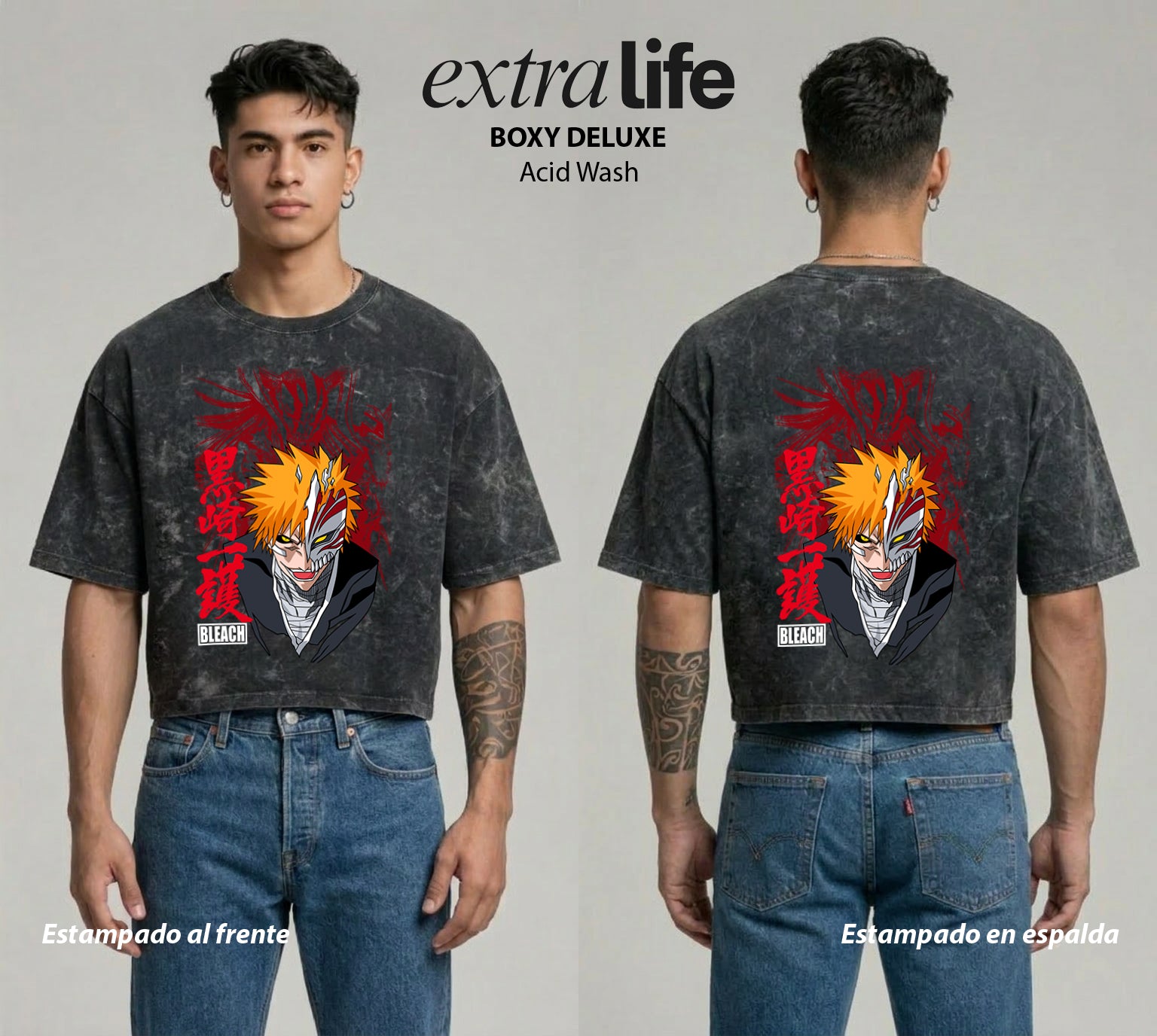 Playera streetwear premium de anime y gaming ExtraLife MX, corte boxy deluxe mineral wash heavyweight en color Acid Wash, moda urbana mexicana de culto.