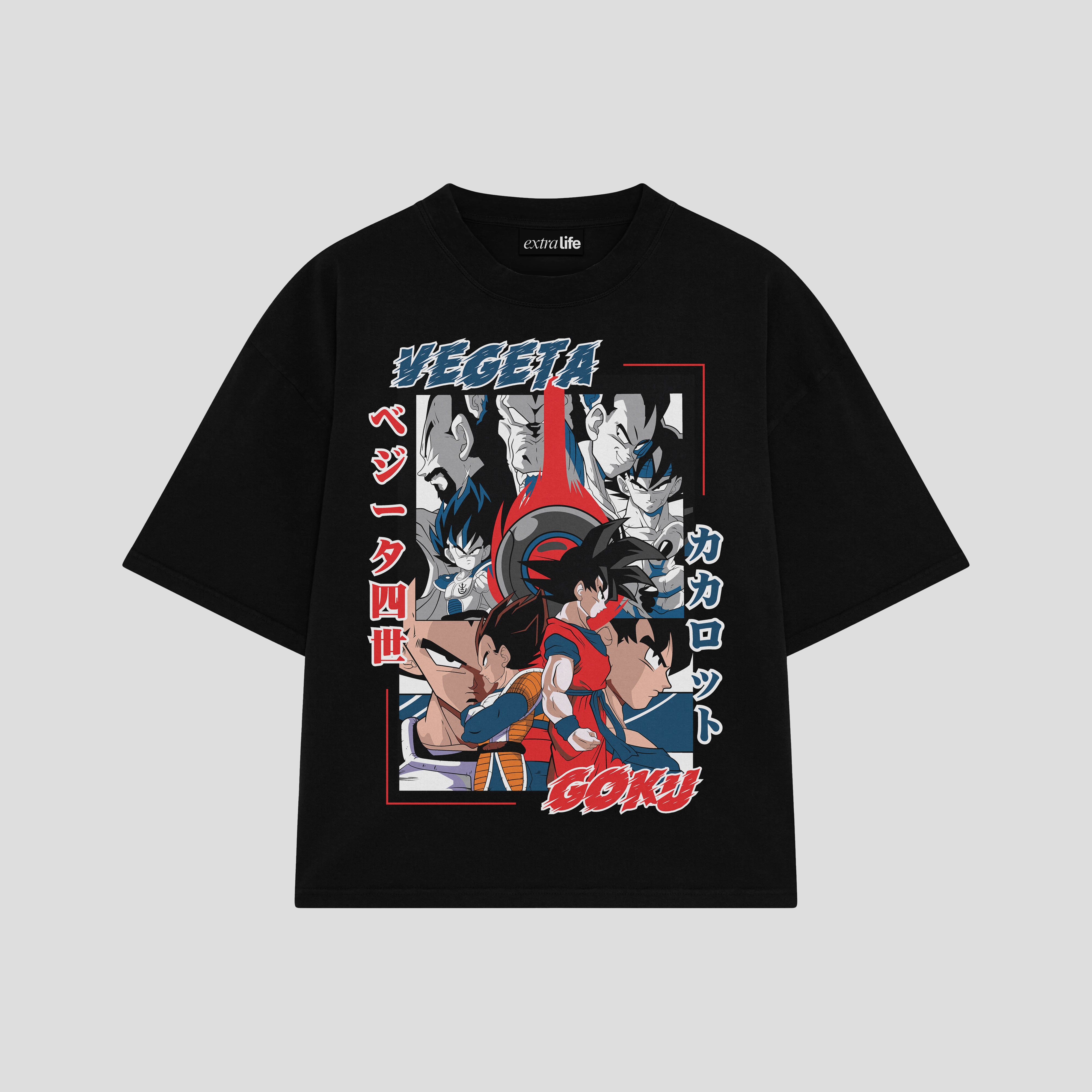 Playera streetwear premium de anime y gaming ExtraLife MX, corte boxy oversized drop shoulder heavyweight en color Deep Black y Off-White, moda urbana mexicana de culto.