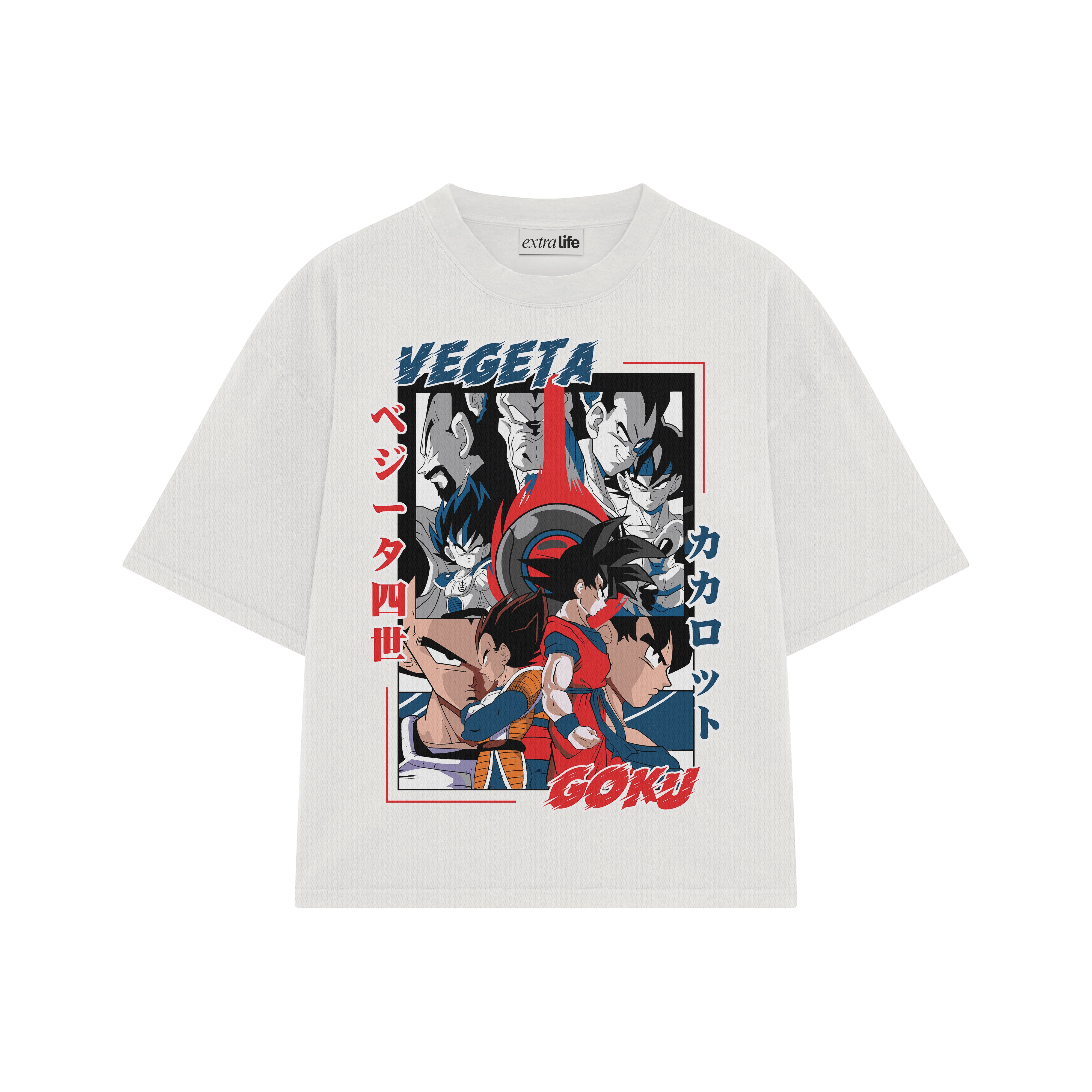 Playera streetwear premium de anime y gaming ExtraLife MX, corte boxy oversized drop shoulder heavyweight en color Deep Black y Off-White, moda urbana mexicana de culto.