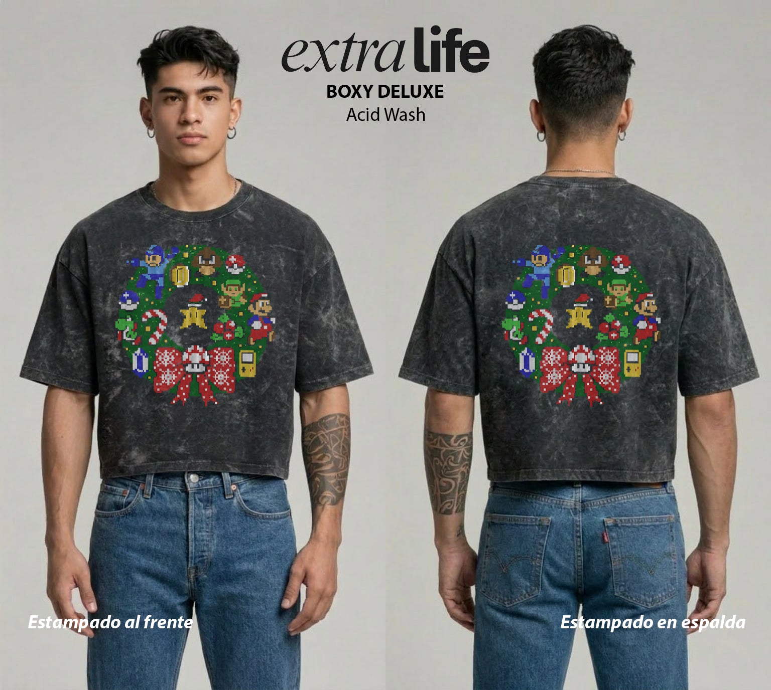 Playera streetwear premium de anime y gaming ExtraLife MX, corte boxy deluxe mineral wash heavyweight en color Acid Wash, moda urbana mexicana de culto.