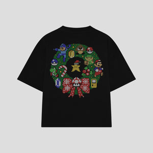 Playera streetwear premium de anime y gaming ExtraLife MX, corte boxy oversized drop shoulder heavyweight en color Deep Black y Off-White, moda urbana mexicana de culto.