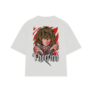 Playera streetwear premium de anime y gaming ExtraLife MX, corte boxy oversized drop shoulder heavyweight en color Deep Black y Off-White, moda urbana mexicana de culto.