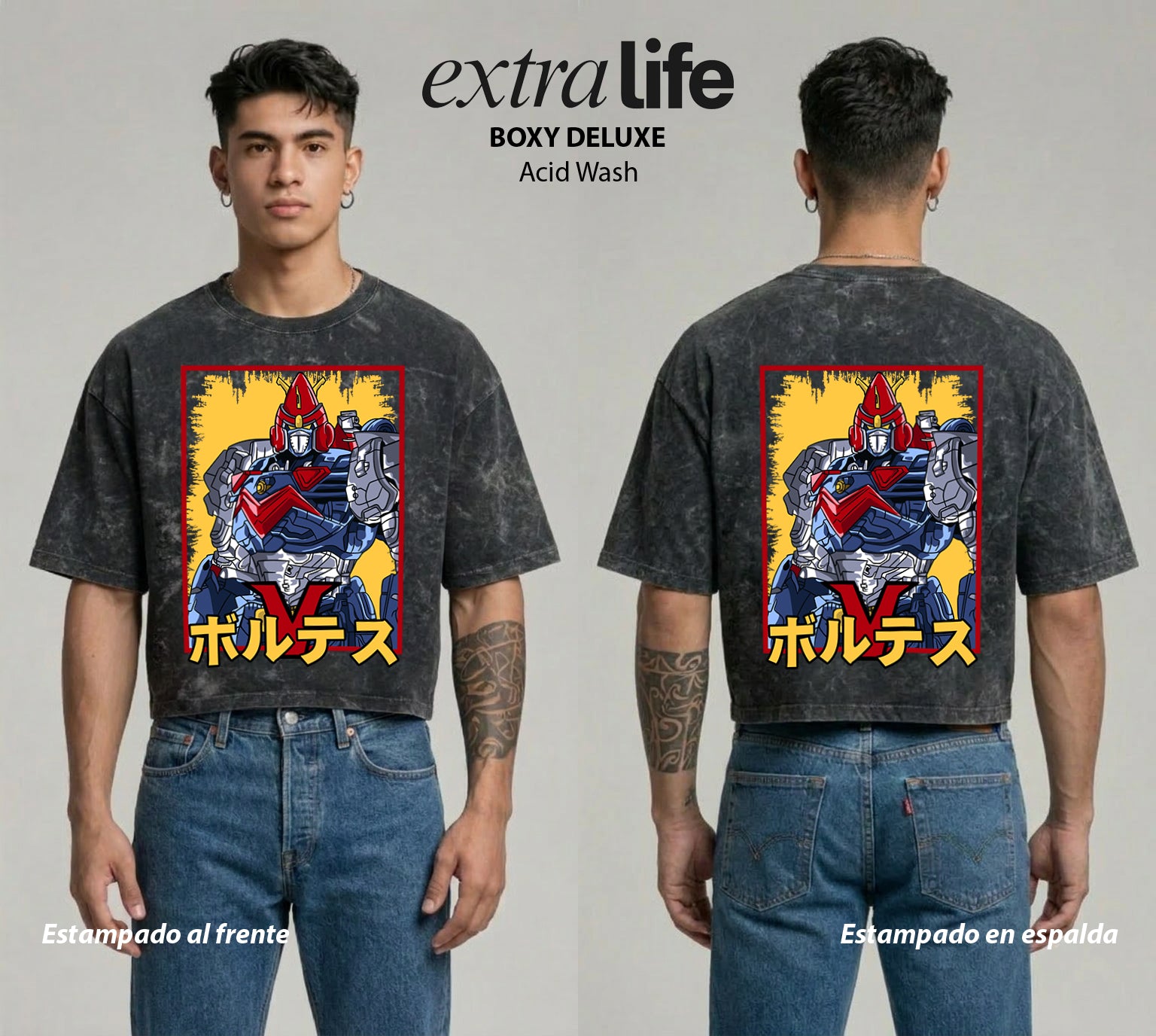 Playera streetwear premium de anime y gaming ExtraLife MX, corte boxy deluxe mineral wash heavyweight en color Acid Wash, moda urbana mexicana de culto.