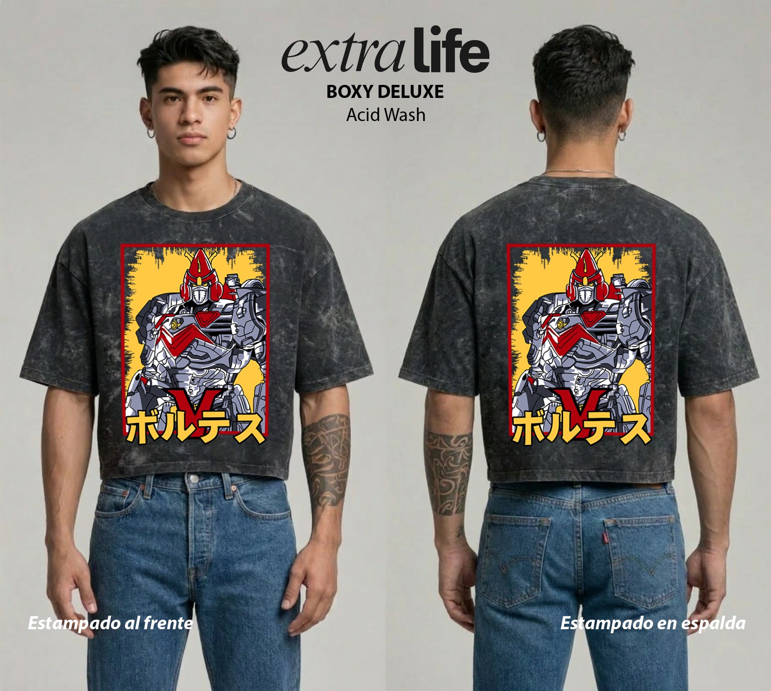 Playera streetwear premium de anime y gaming ExtraLife MX, corte boxy deluxe mineral wash heavyweight en color Acid Wash, moda urbana mexicana de culto.