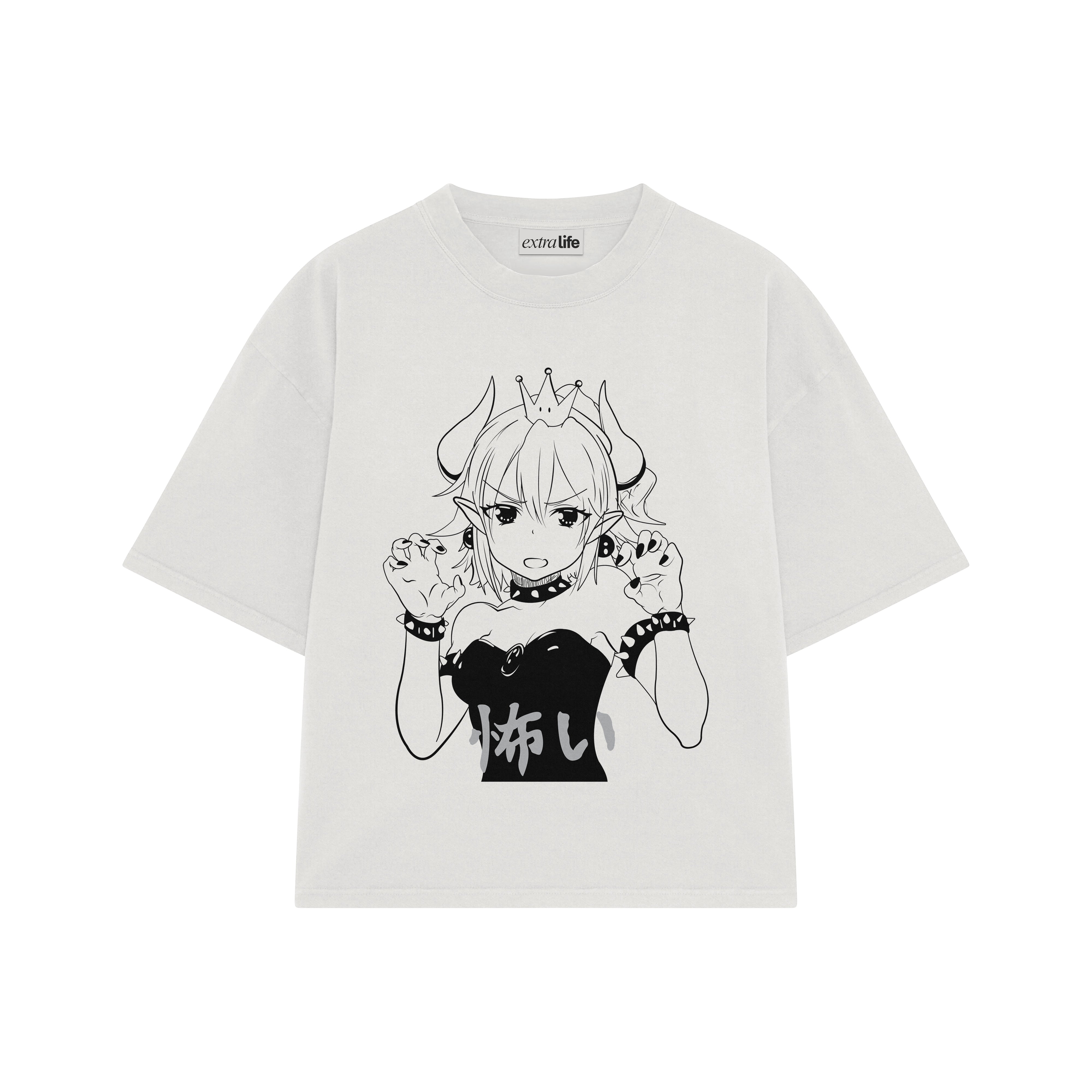 Playera streetwear premium de anime y gaming ExtraLife MX, corte boxy oversized drop shoulder heavyweight en color Deep Black y Off-White, moda urbana mexicana de culto.