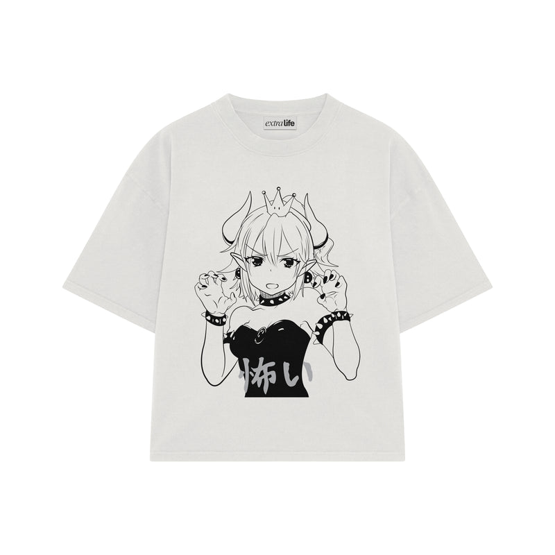 Playera streetwear premium de anime y gaming ExtraLife MX, corte boxy oversized drop shoulder heavyweight en color Deep Black y Off-White, moda urbana mexicana de culto.