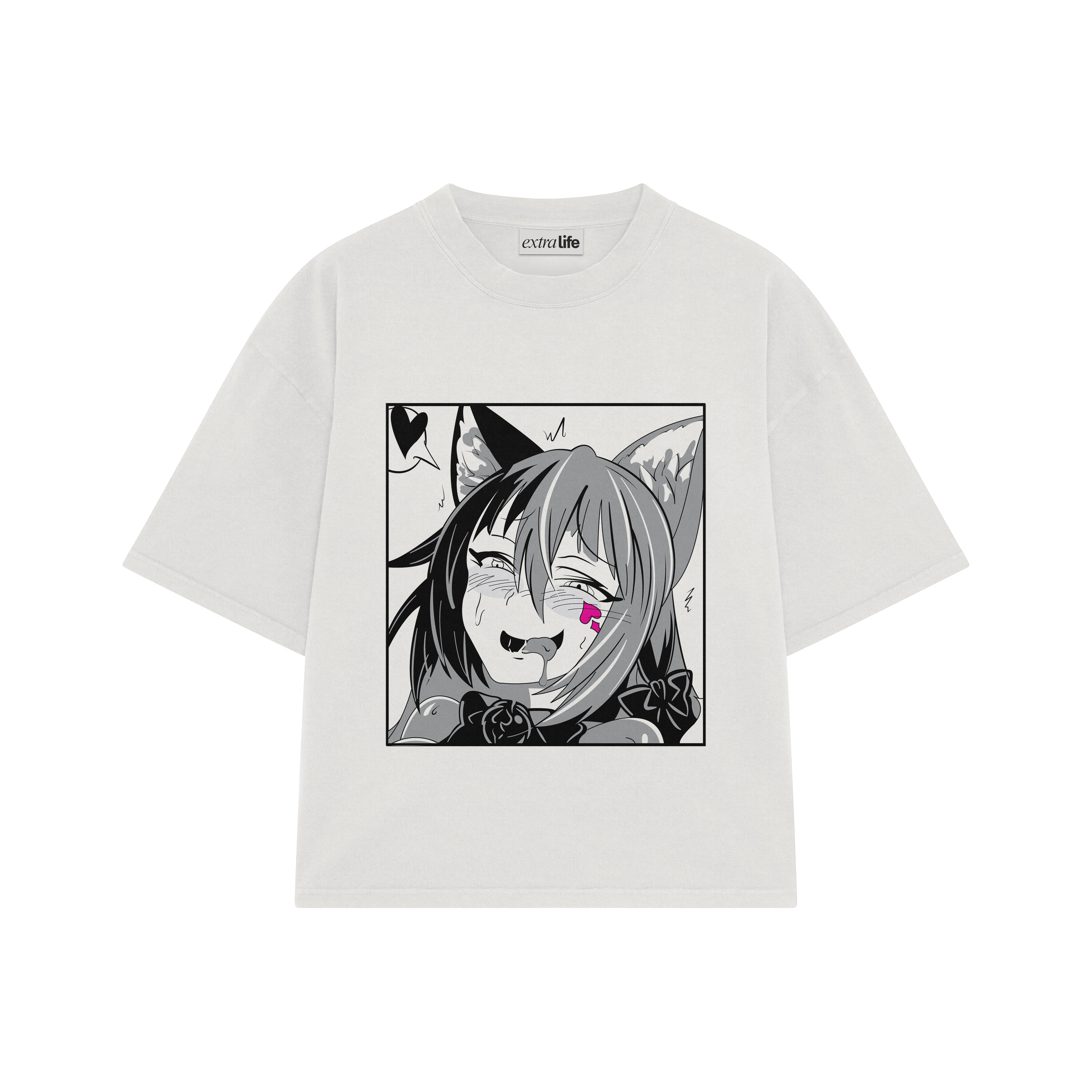 Playera streetwear premium de anime y gaming ExtraLife MX, corte boxy oversized drop shoulder heavyweight en color Deep Black y Off-White, moda urbana mexicana de culto.