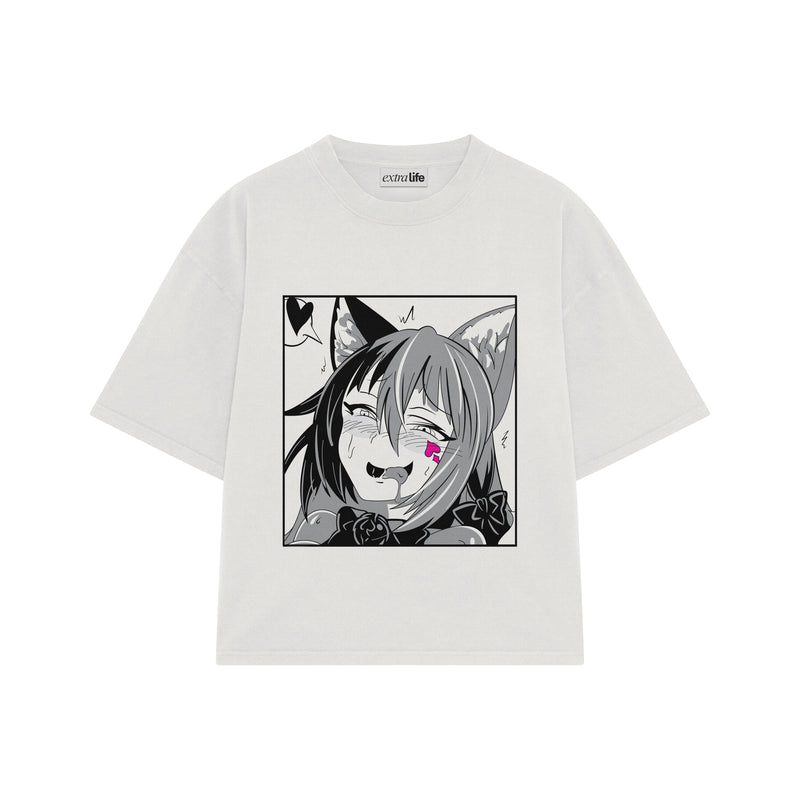 Playera streetwear premium de anime y gaming ExtraLife MX, corte boxy oversized drop shoulder heavyweight en color Deep Black y Off-White, moda urbana mexicana de culto.
