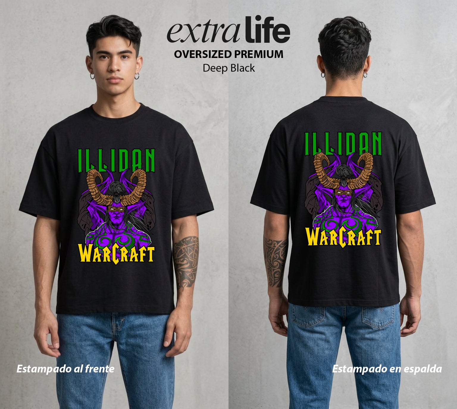 Azeroth en Guerra | El Mal de Azeroth #04459 - Playera Oversized Premium | Deep Black - Foto en modelo