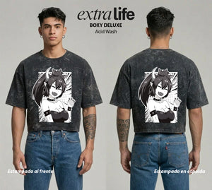 Playera streetwear premium de anime y gaming ExtraLife MX, corte boxy deluxe mineral wash heavyweight en color Acid Wash, moda urbana mexicana de culto.