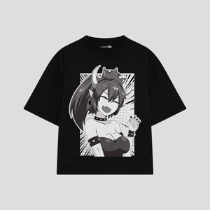 Playera streetwear premium de anime y gaming ExtraLife MX, corte boxy oversized drop shoulder heavyweight en color Deep Black y Off-White, moda urbana mexicana de culto.