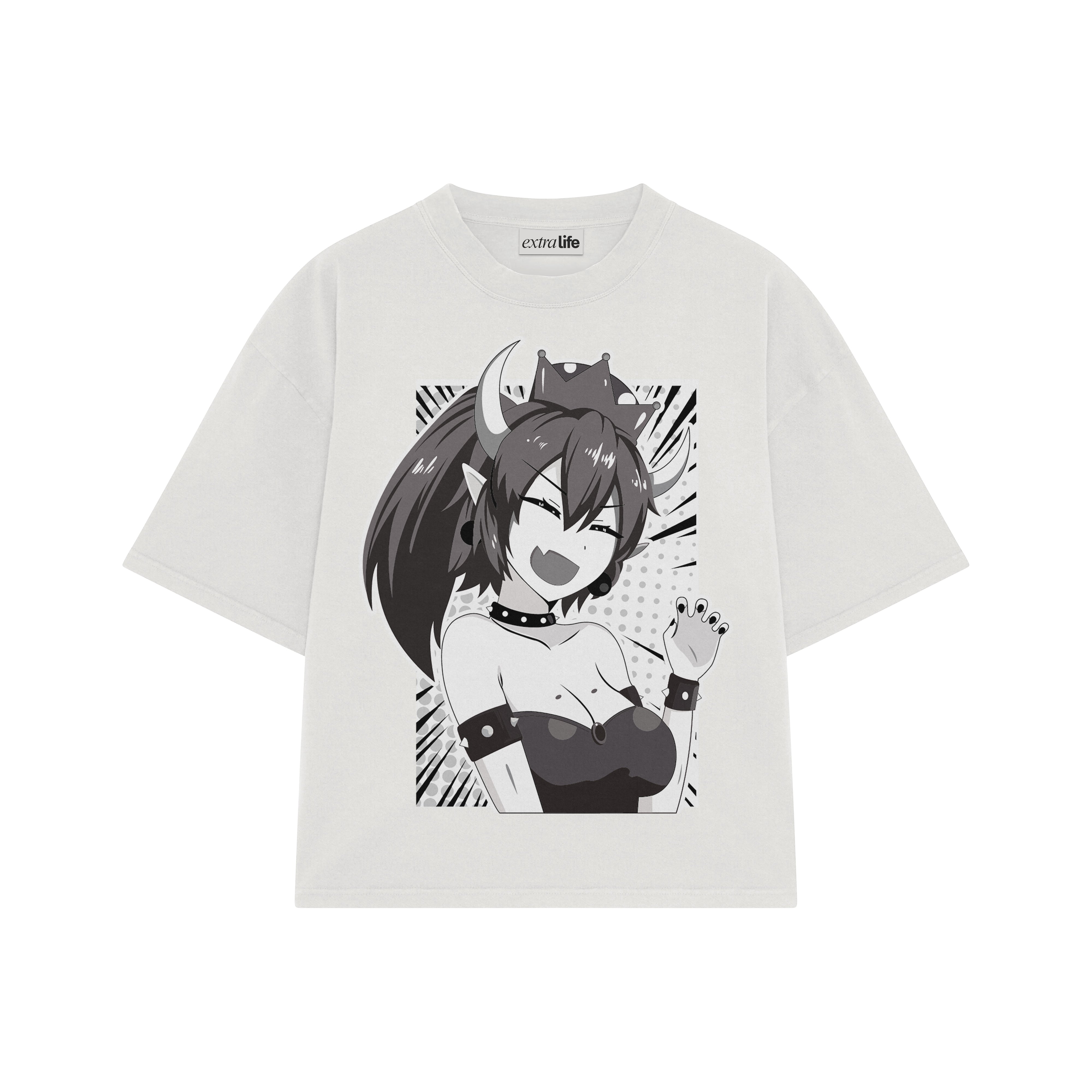 Playera streetwear premium de anime y gaming ExtraLife MX, corte boxy oversized drop shoulder heavyweight en color Deep Black y Off-White, moda urbana mexicana de culto.