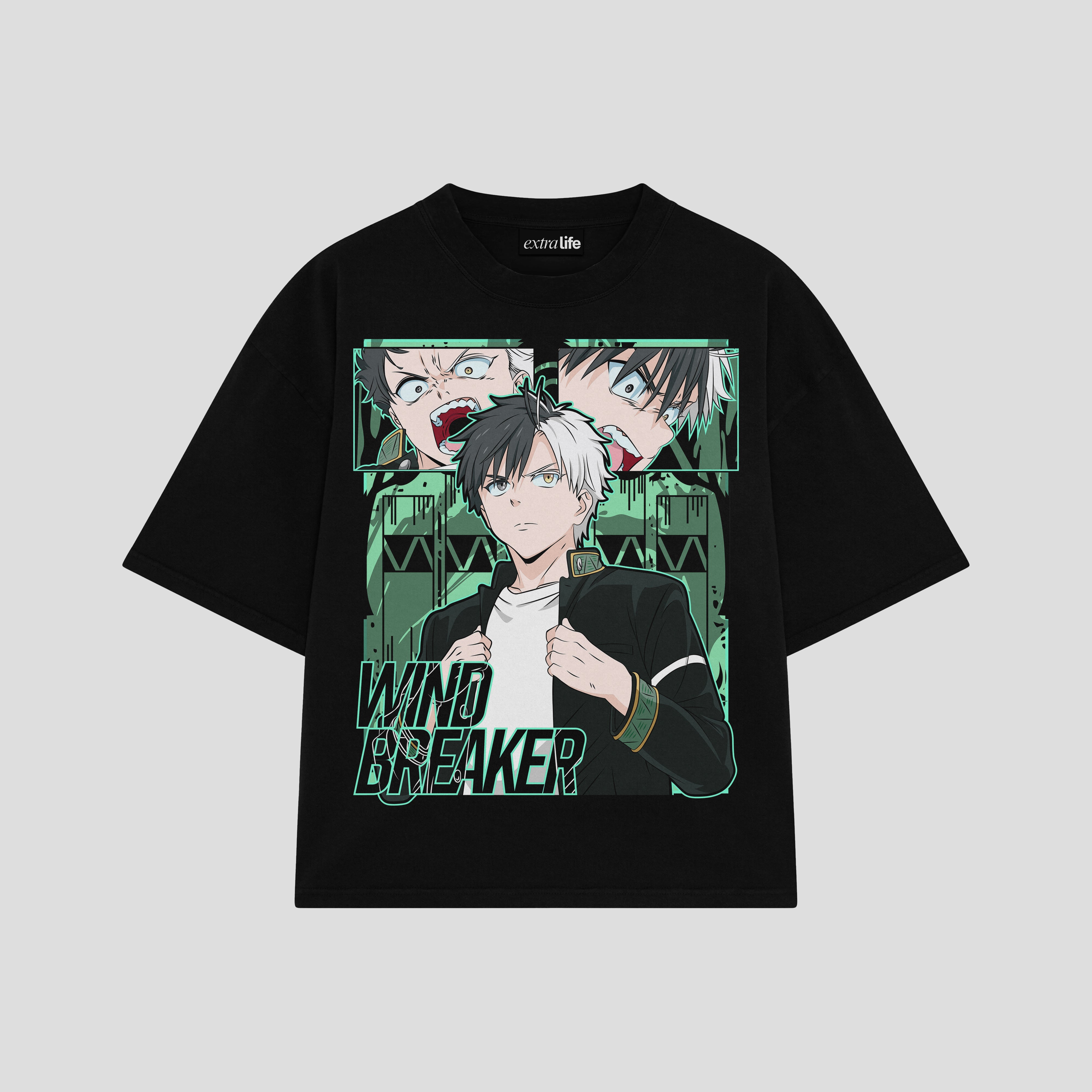 Playera streetwear premium de anime y gaming ExtraLife MX, corte boxy oversized drop shoulder heavyweight en color Deep Black y Off-White, moda urbana mexicana de culto.