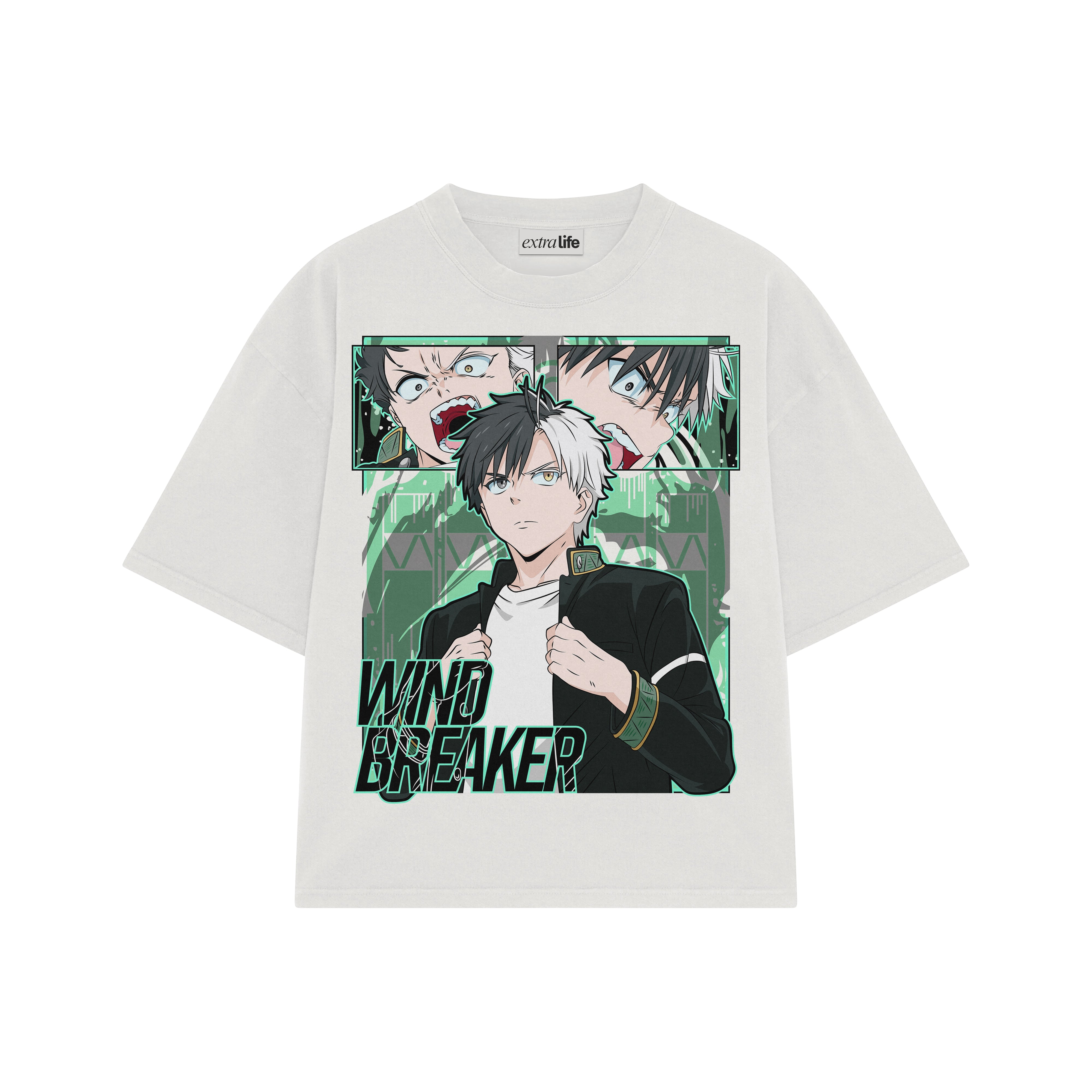 Playera streetwear premium de anime y gaming ExtraLife MX, corte boxy oversized drop shoulder heavyweight en color Deep Black y Off-White, moda urbana mexicana de culto.