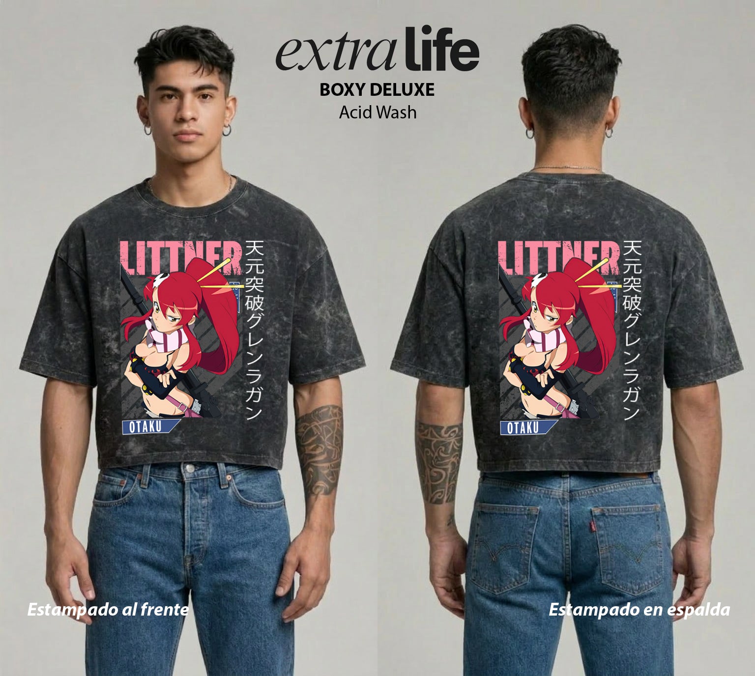 Playera streetwear premium de anime y gaming ExtraLife MX, corte boxy deluxe mineral wash heavyweight en color Acid Wash, moda urbana mexicana de culto.