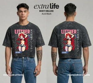Playera streetwear premium de anime y gaming ExtraLife MX, corte boxy deluxe mineral wash heavyweight en color Acid Wash, moda urbana mexicana de culto.