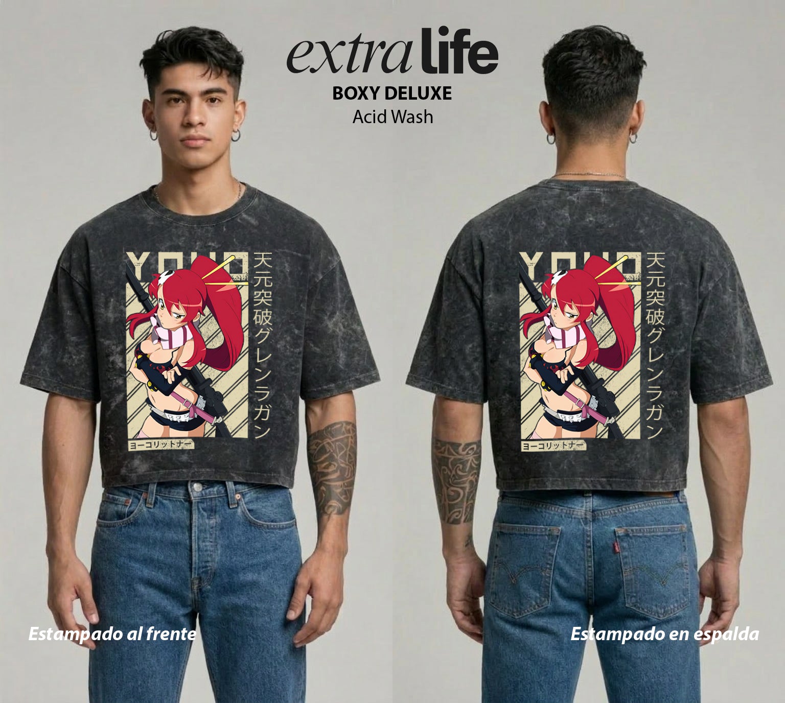Playera streetwear premium de anime y gaming ExtraLife MX, corte boxy deluxe mineral wash heavyweight en color Acid Wash, moda urbana mexicana de culto.