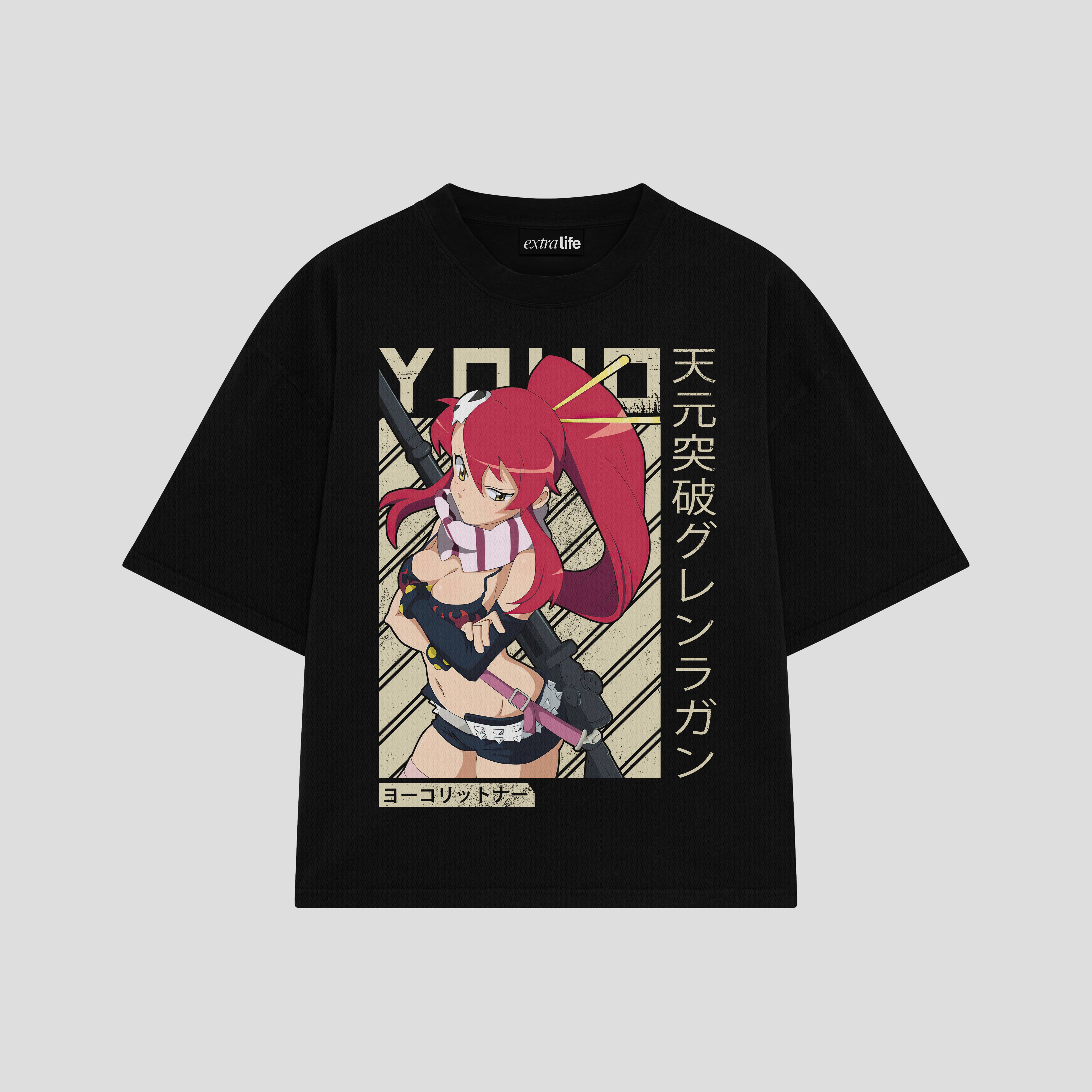Playera streetwear premium de anime y gaming ExtraLife MX, corte boxy oversized drop shoulder heavyweight en color Deep Black y Off-White, moda urbana mexicana de culto.
