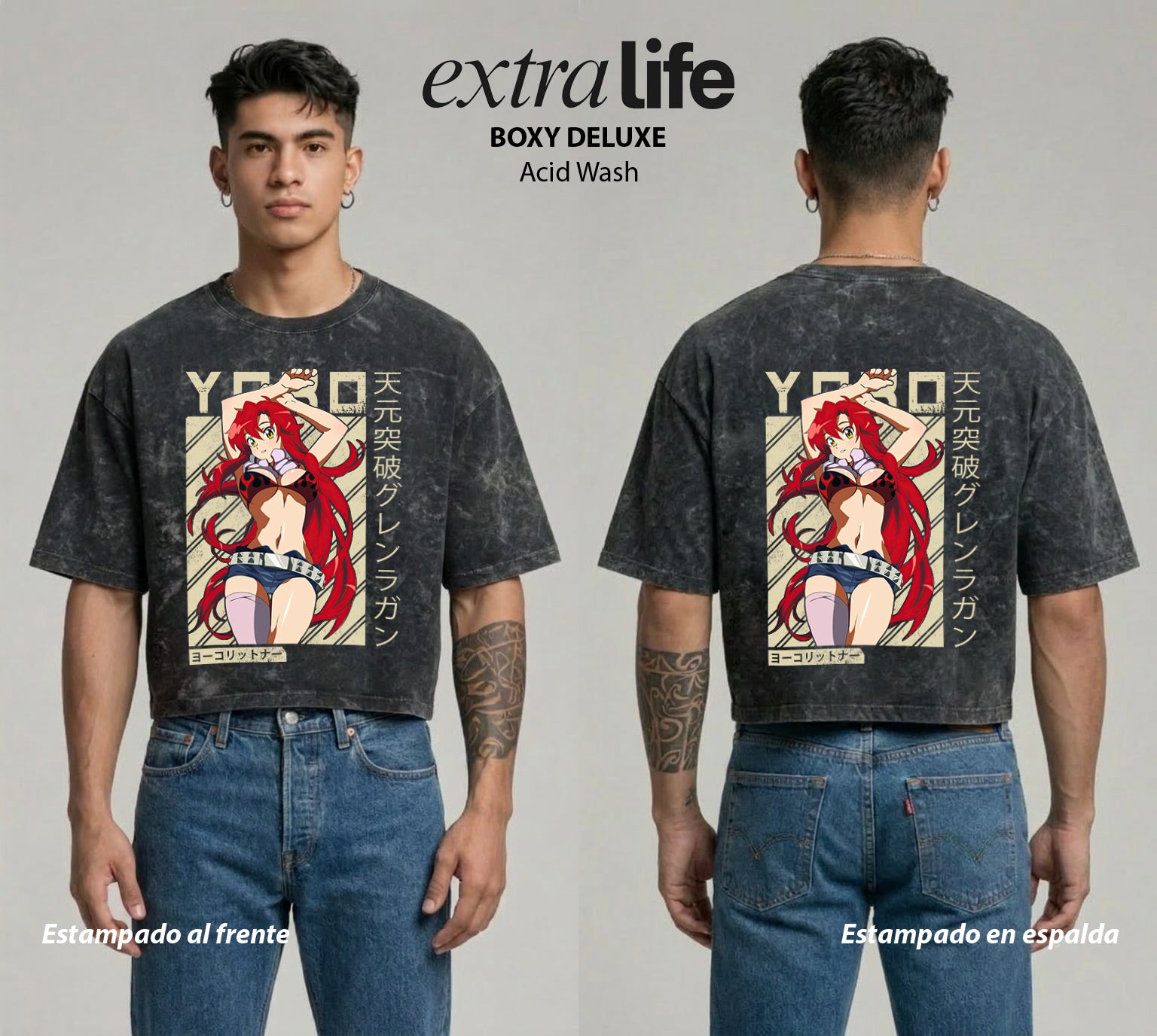 Playera streetwear premium de anime y gaming ExtraLife MX, corte boxy deluxe mineral wash heavyweight en color Acid Wash, moda urbana mexicana de culto.