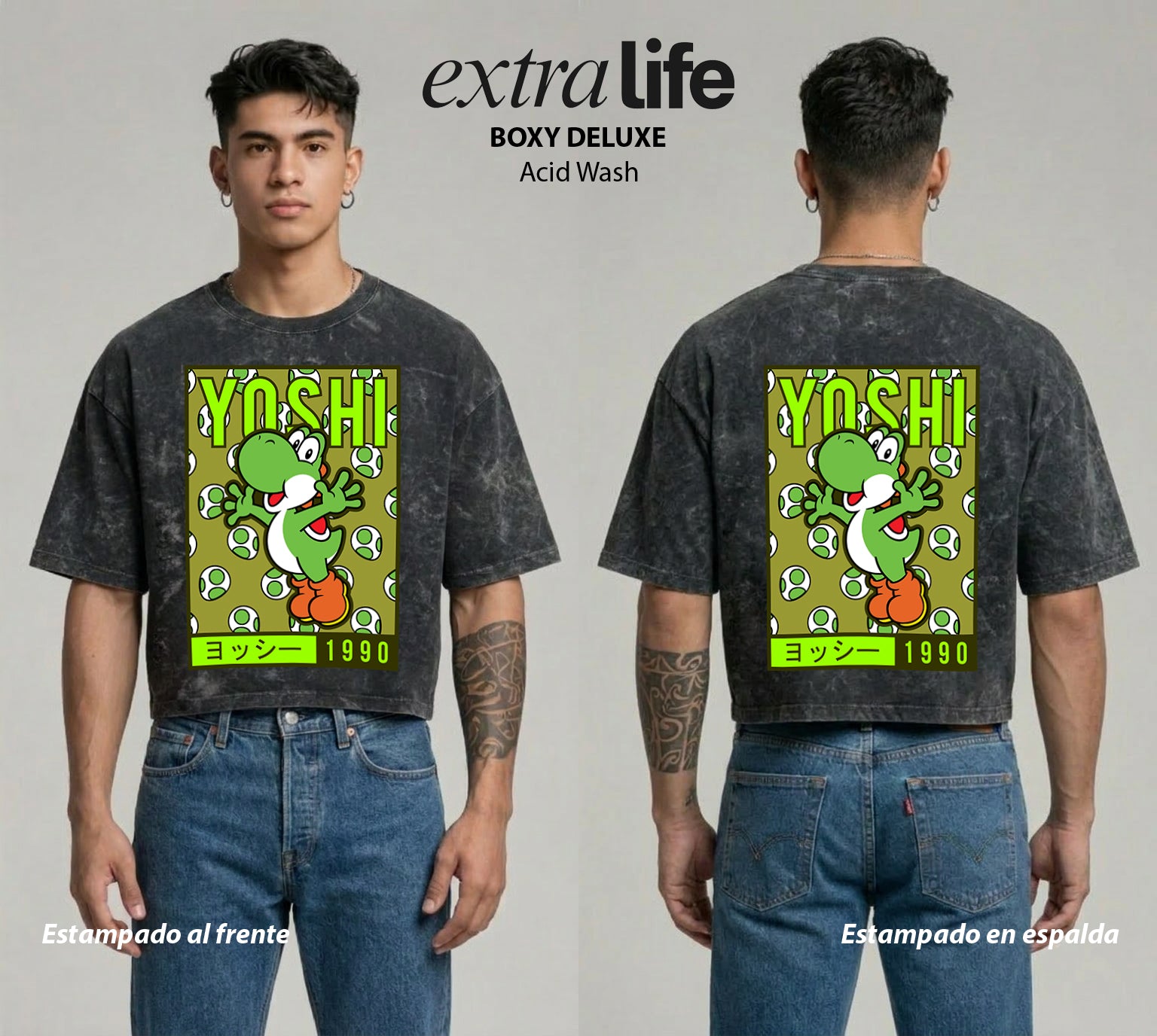 Playera streetwear premium de anime y gaming ExtraLife MX, corte boxy deluxe mineral wash heavyweight en color Acid Wash, moda urbana mexicana de culto.