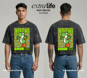 Playera streetwear premium de anime y gaming ExtraLife MX, corte boxy deluxe mineral wash heavyweight en color Acid Wash, moda urbana mexicana de culto.