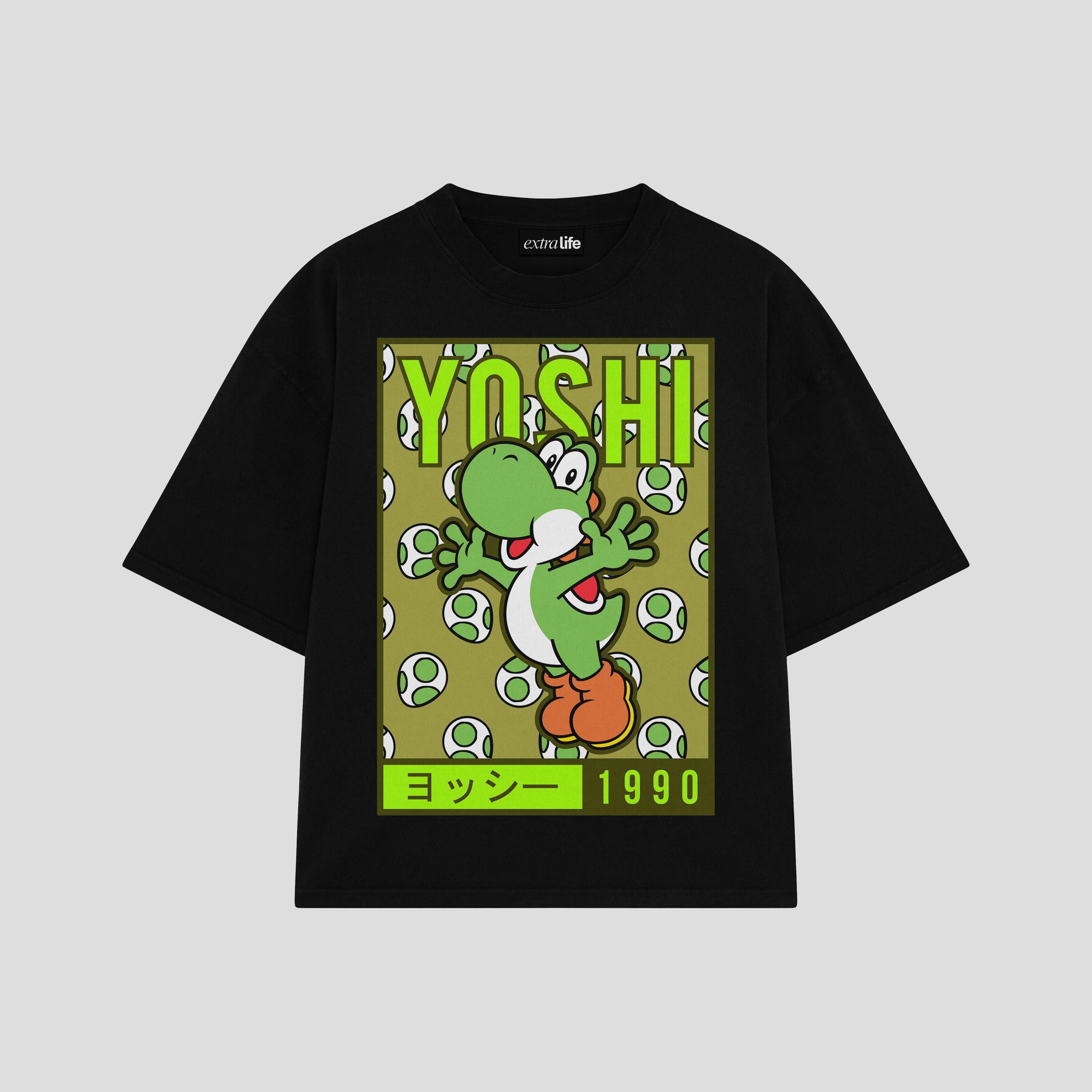 Playera streetwear premium de anime y gaming ExtraLife MX, corte boxy oversized drop shoulder heavyweight en color Deep Black y Off-White, moda urbana mexicana de culto.