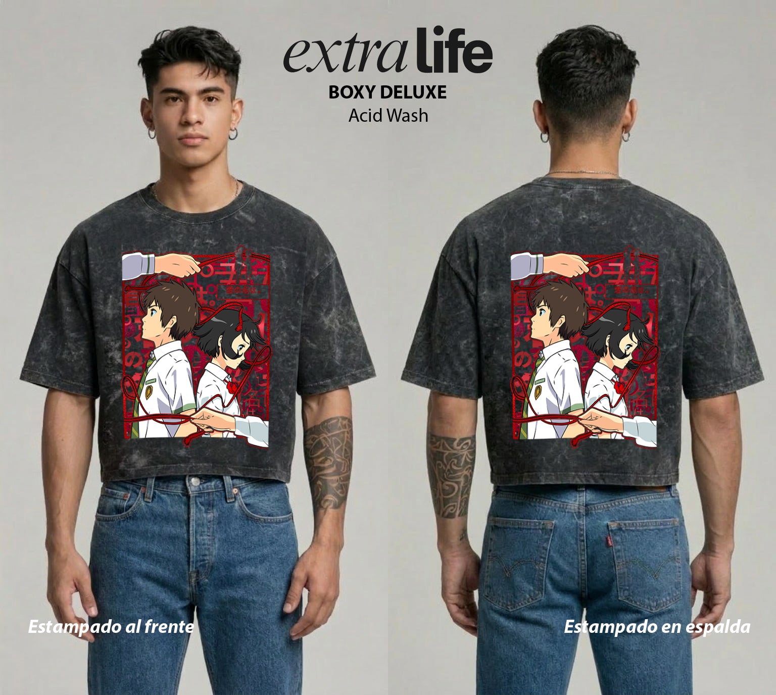 Playera streetwear premium de anime y gaming ExtraLife MX, corte boxy deluxe mineral wash heavyweight en color Acid Wash, moda urbana mexicana de culto.