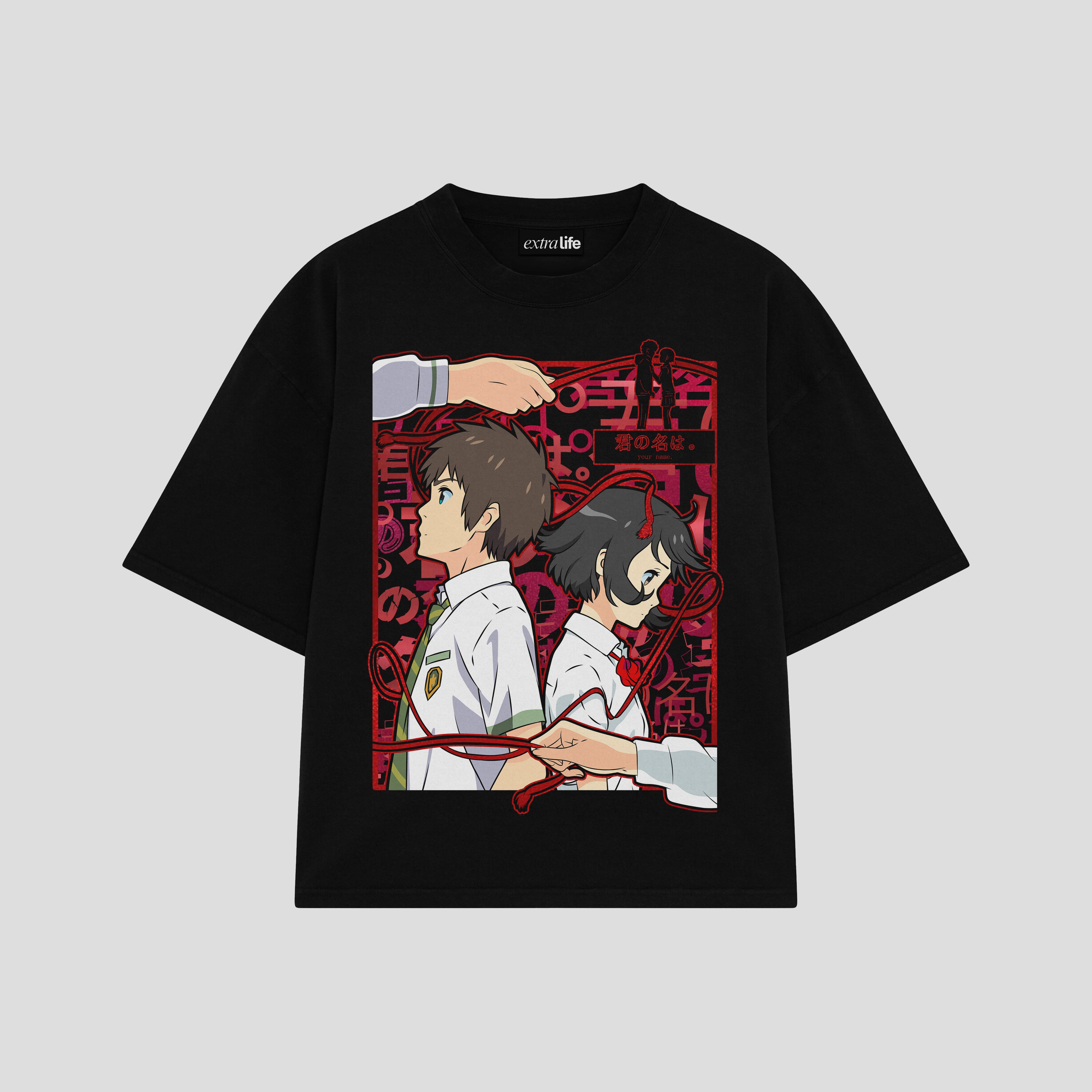 Playera streetwear premium de anime y gaming ExtraLife MX, corte boxy oversized drop shoulder heavyweight en color Deep Black y Off-White, moda urbana mexicana de culto.