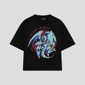 Playera streetwear premium de anime y gaming ExtraLife MX, corte boxy oversized drop shoulder heavyweight en color Deep Black y Off-White, moda urbana mexicana de culto.