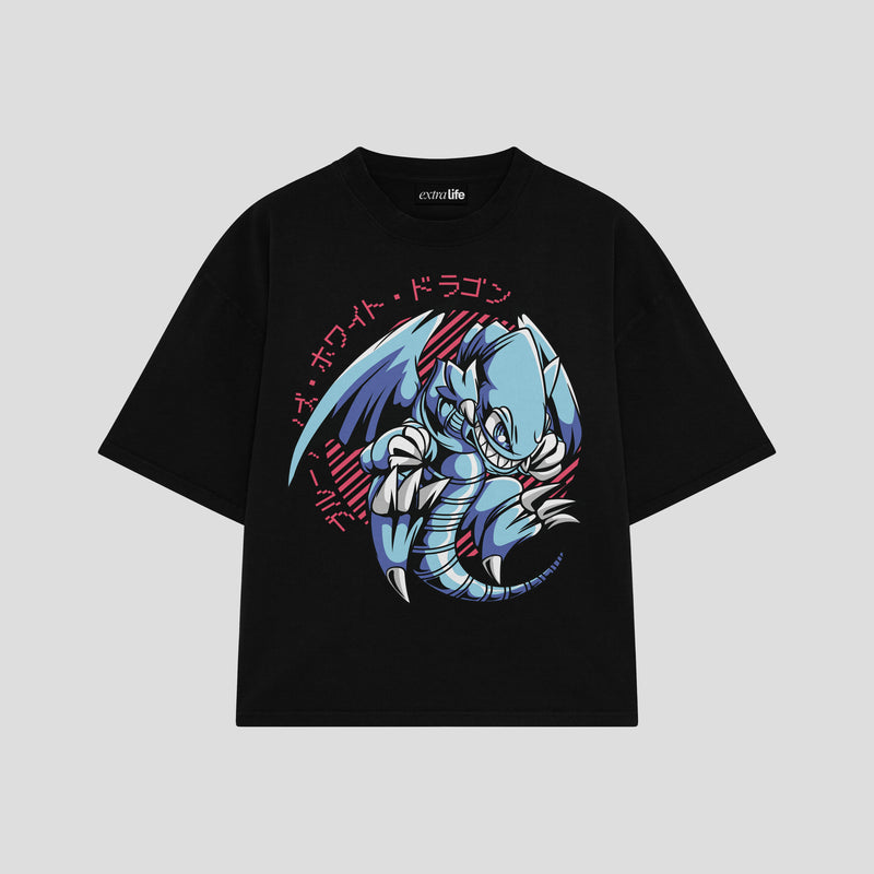 Playera streetwear premium de anime y gaming ExtraLife MX, corte boxy oversized drop shoulder heavyweight en color Deep Black y Off-White, moda urbana mexicana de culto.
