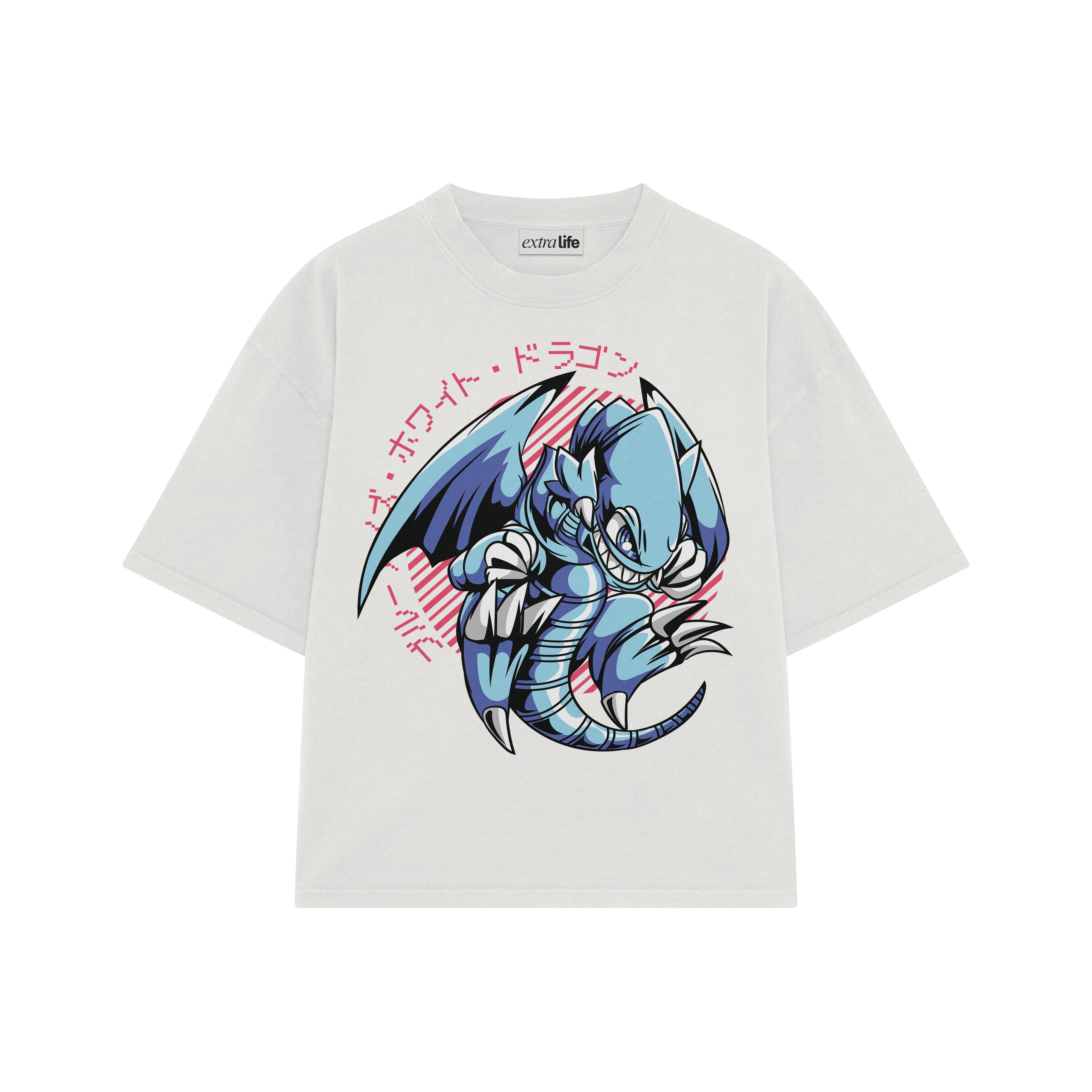 Playera streetwear premium de anime y gaming ExtraLife MX, corte boxy oversized drop shoulder heavyweight en color Deep Black y Off-White, moda urbana mexicana de culto.