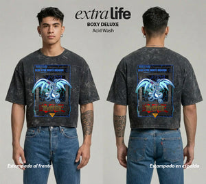 Playera streetwear premium de anime y gaming ExtraLife MX, corte boxy deluxe mineral wash heavyweight en color Acid Wash, moda urbana mexicana de culto.