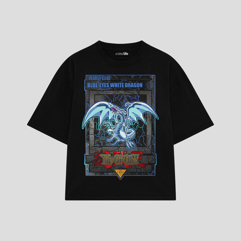 Playera streetwear premium de anime y gaming ExtraLife MX, corte boxy oversized drop shoulder heavyweight en color Deep Black y Off-White, moda urbana mexicana de culto.