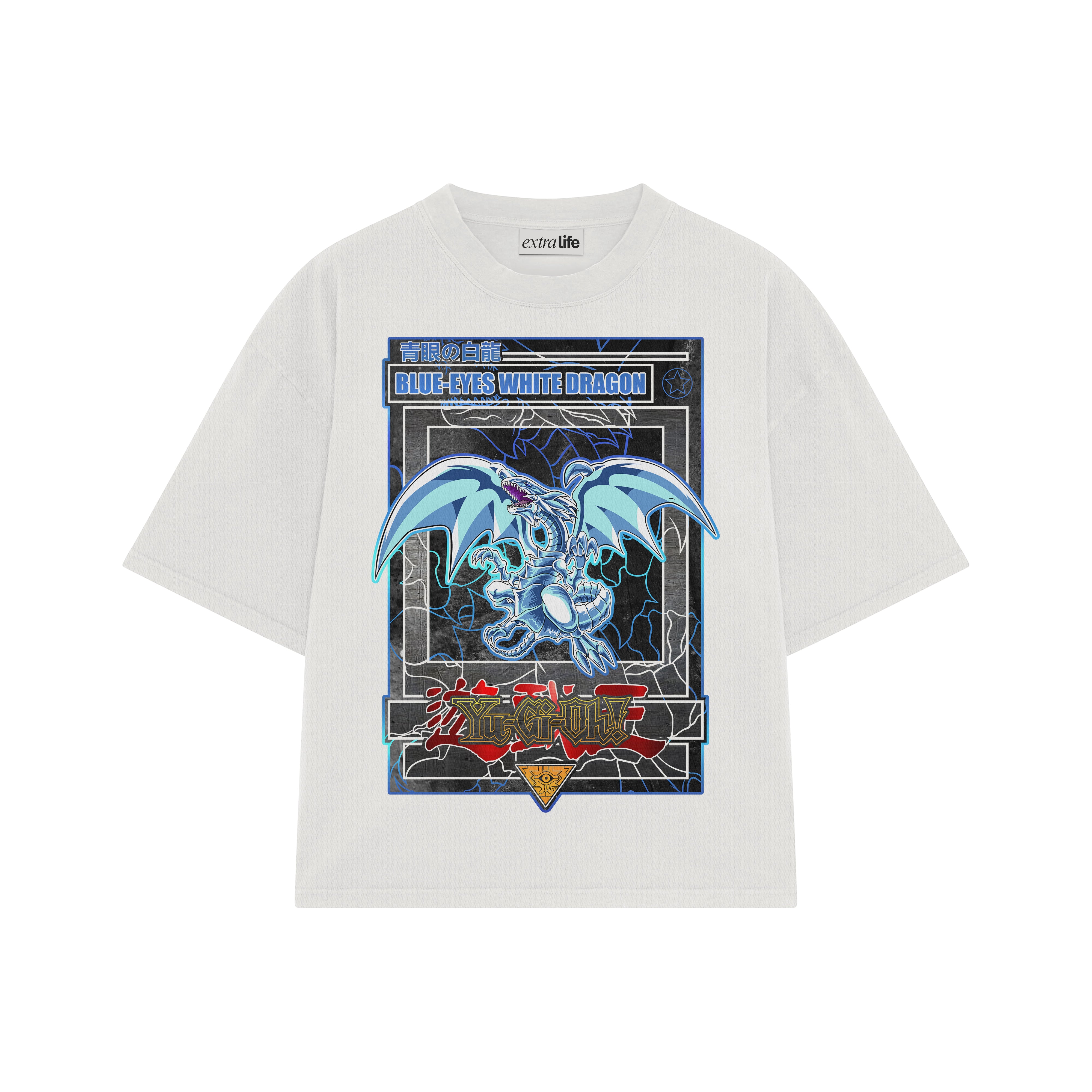 Playera streetwear premium de anime y gaming ExtraLife MX, corte boxy oversized drop shoulder heavyweight en color Deep Black y Off-White, moda urbana mexicana de culto.