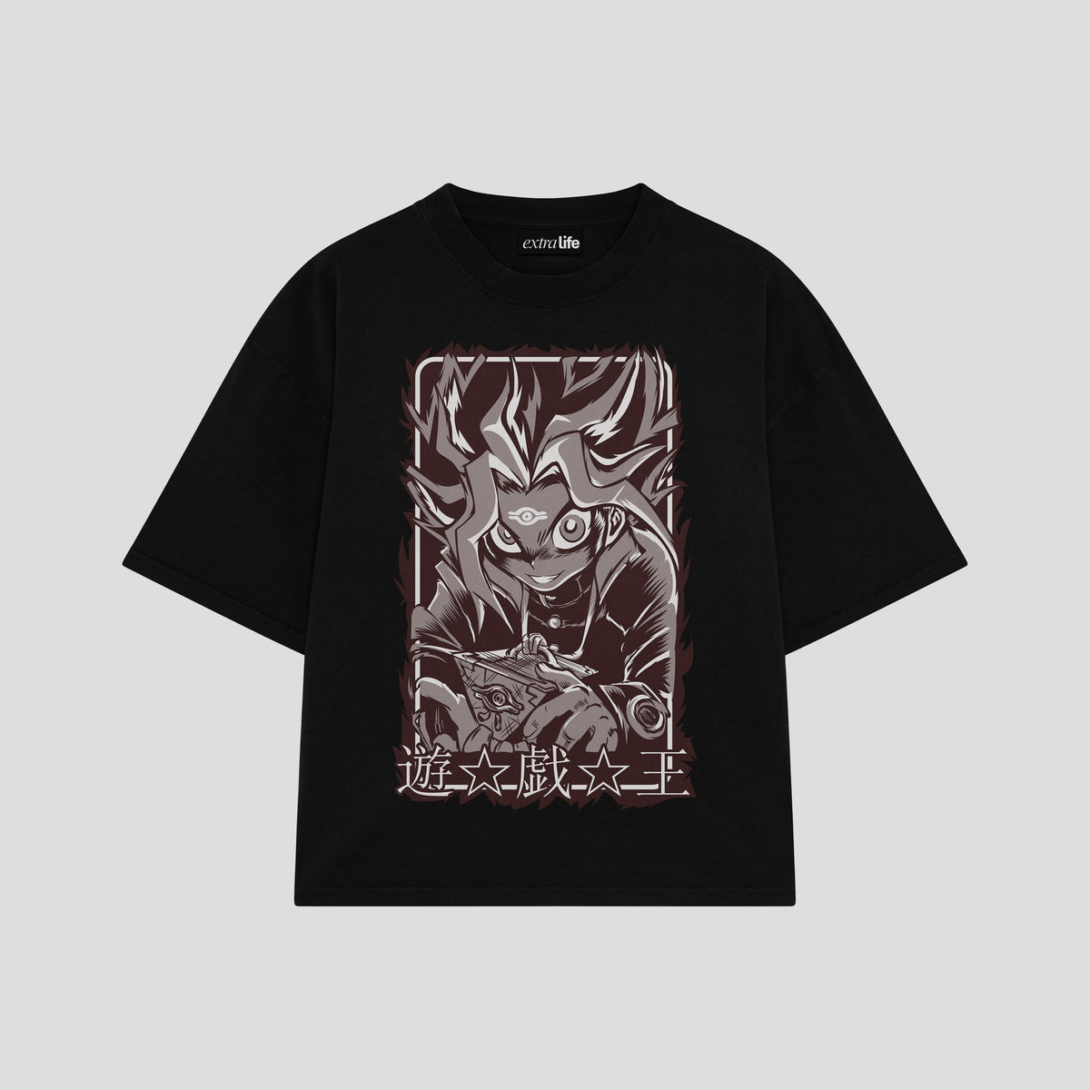 Playera streetwear premium de anime y gaming ExtraLife MX, corte oversized drop shoulder ligero y fresco en color Deep Black y Off-White, moda urbana mexicana de culto.