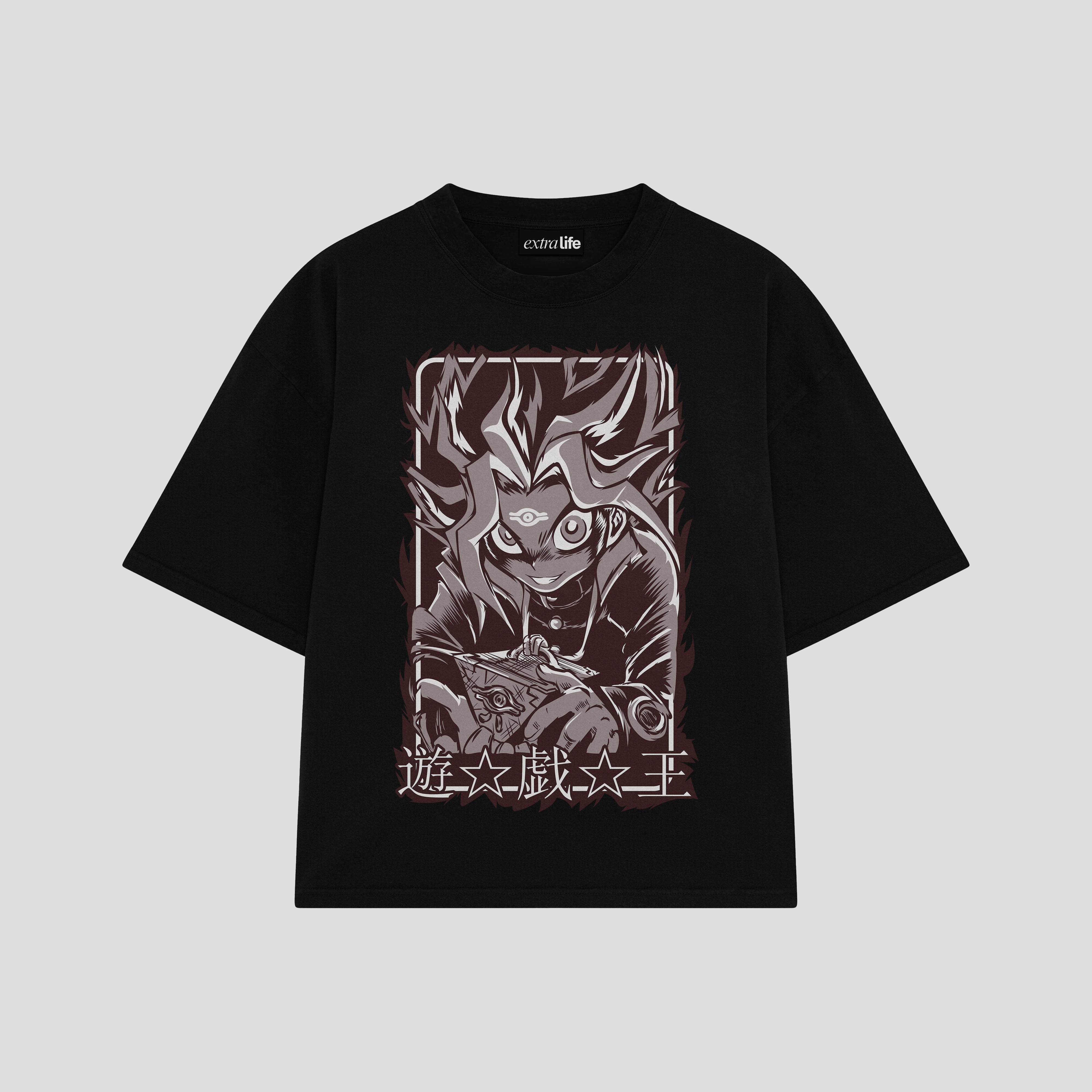 Playera streetwear premium de anime y gaming ExtraLife MX, corte boxy oversized drop shoulder heavyweight en color Deep Black y Off-White, moda urbana mexicana de culto.