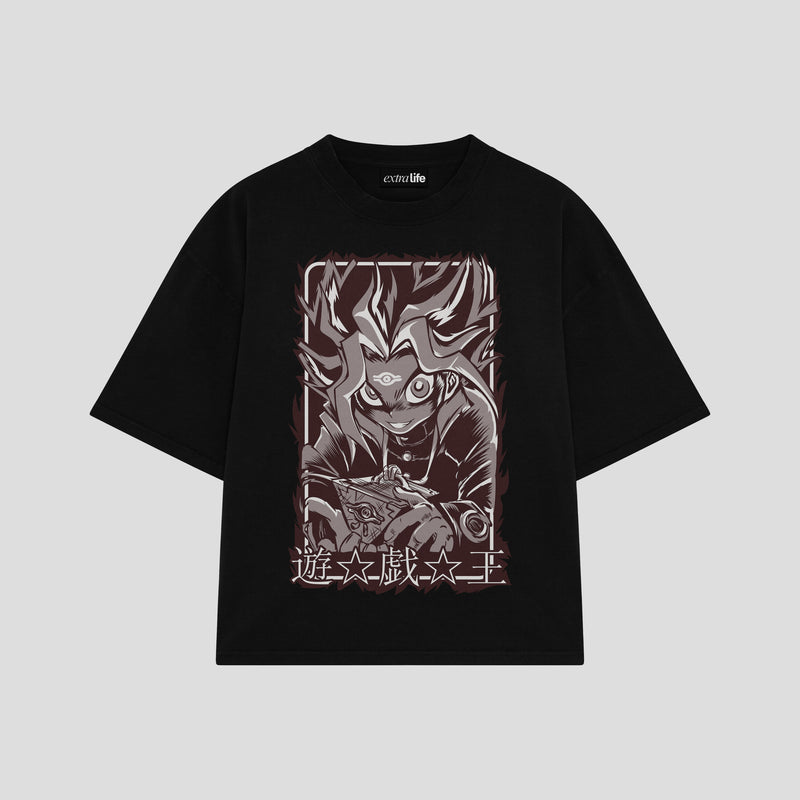 Playera streetwear premium de anime y gaming ExtraLife MX, corte boxy oversized drop shoulder heavyweight en color Deep Black y Off-White, moda urbana mexicana de culto.