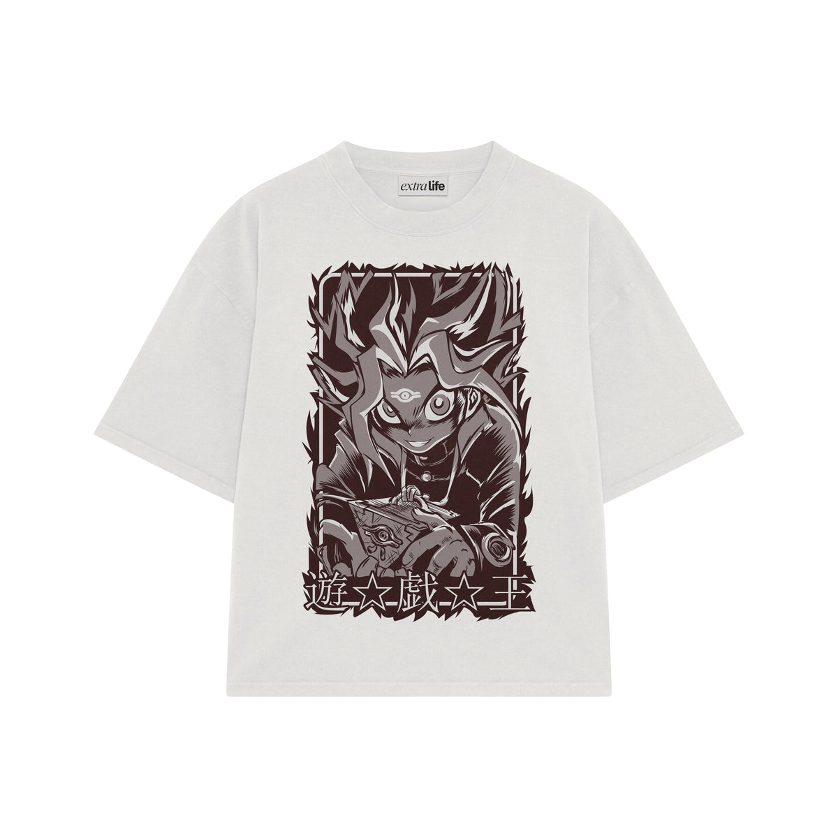 Playera streetwear premium de anime y gaming ExtraLife MX, corte oversized drop shoulder ligero y fresco en color Deep Black y Off-White, moda urbana mexicana de culto.
