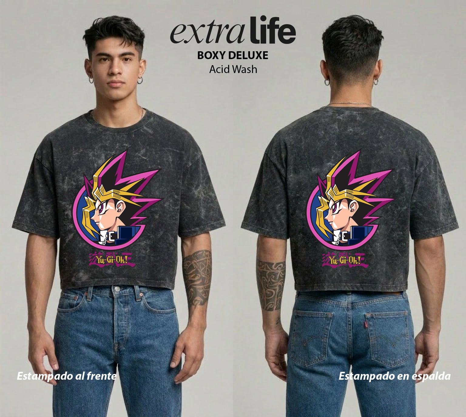 Playera streetwear premium de anime y gaming ExtraLife MX, corte boxy deluxe mineral wash heavyweight en color Acid Wash, moda urbana mexicana de culto.