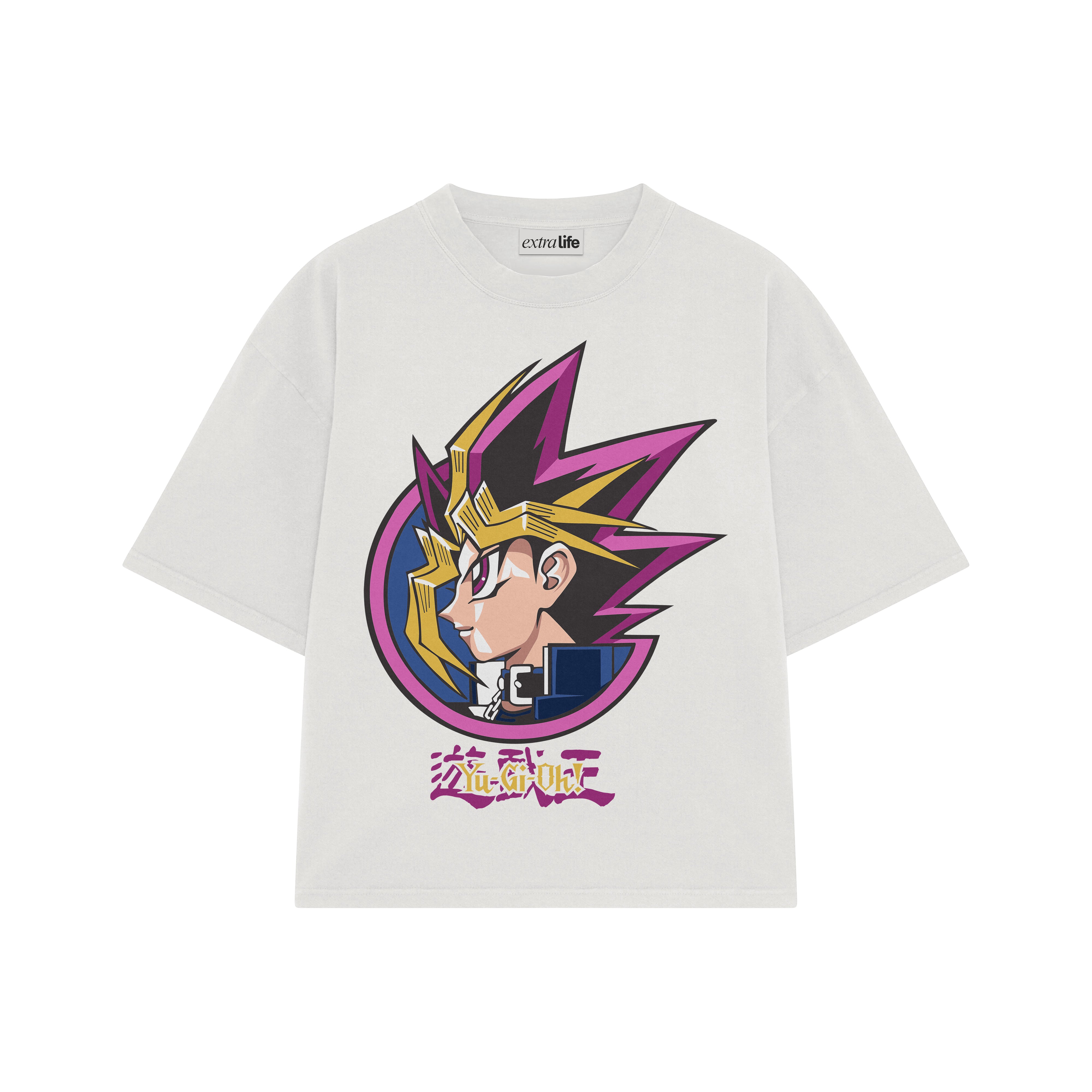 Playera streetwear premium de anime y gaming ExtraLife MX, corte boxy oversized drop shoulder heavyweight en color Deep Black y Off-White, moda urbana mexicana de culto.