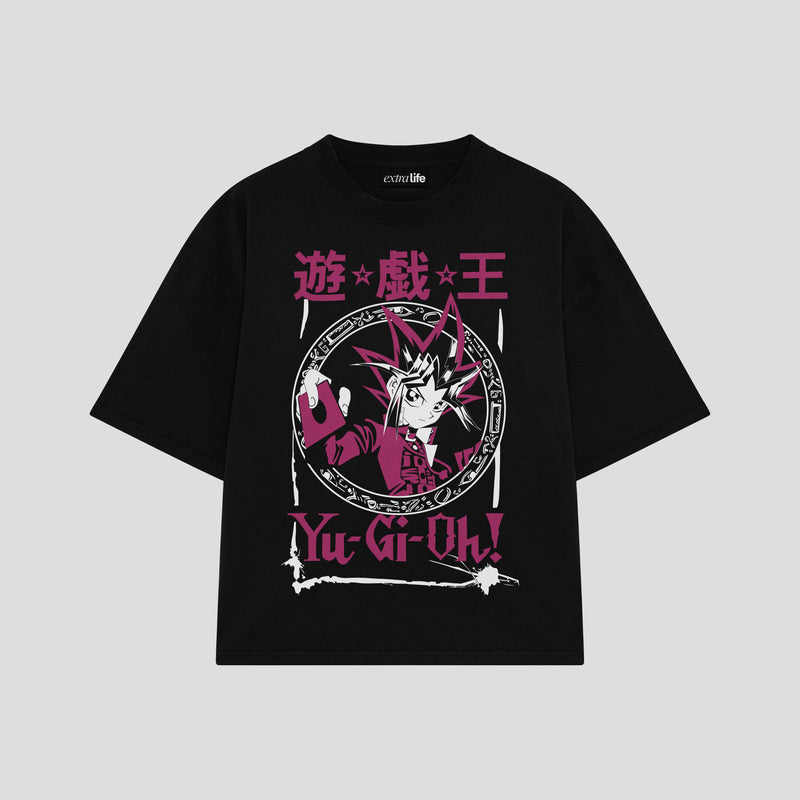 Playera streetwear premium de anime y gaming ExtraLife MX, corte boxy oversized drop shoulder heavyweight en color Deep Black y Off-White, moda urbana mexicana de culto.