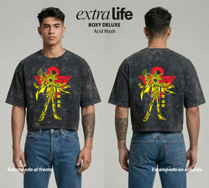 Playera streetwear premium de anime y gaming ExtraLife MX, corte boxy deluxe mineral wash heavyweight en color Acid Wash, moda urbana mexicana de culto.