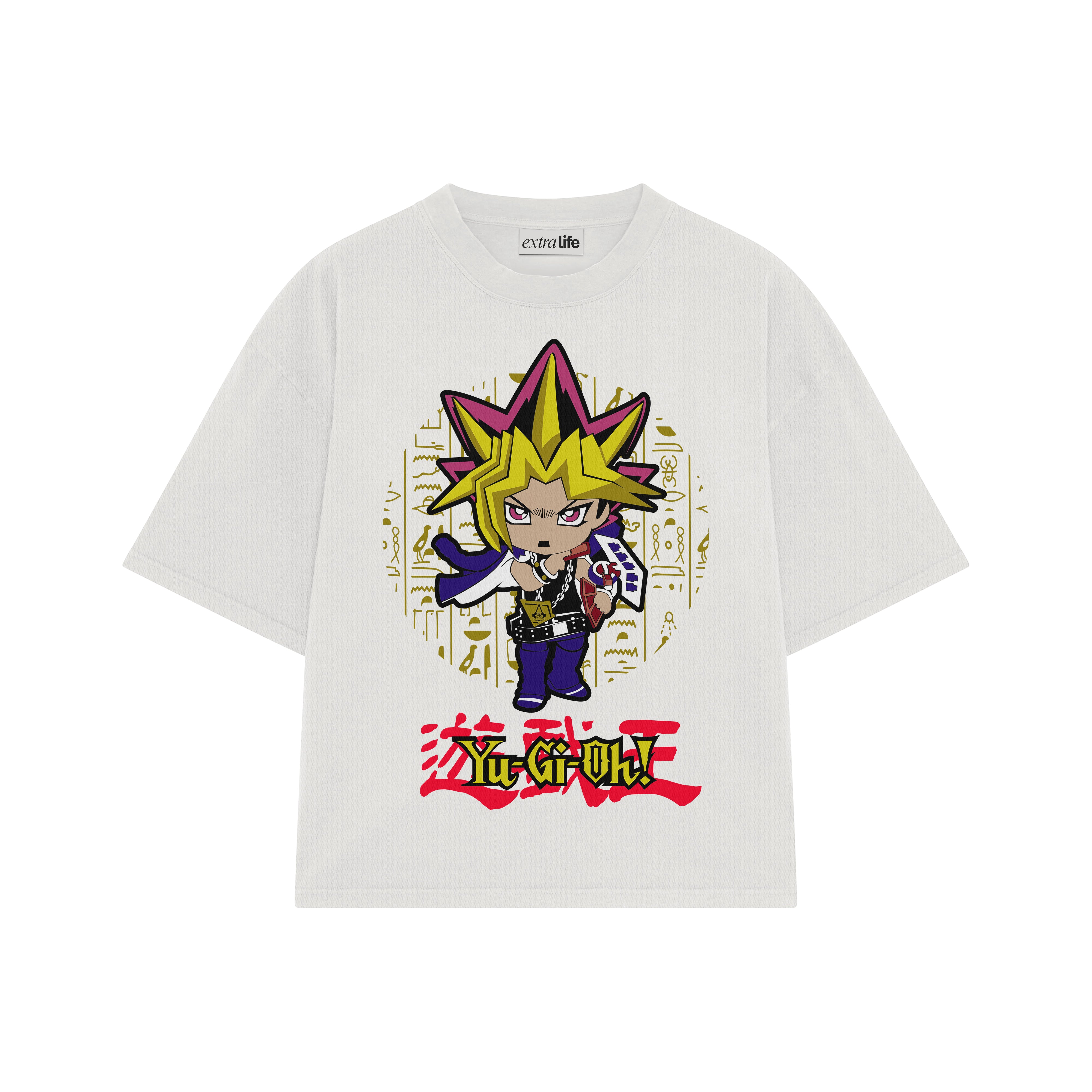Playera streetwear premium de anime y gaming ExtraLife MX, corte boxy oversized drop shoulder heavyweight en color Deep Black y Off-White, moda urbana mexicana de culto.