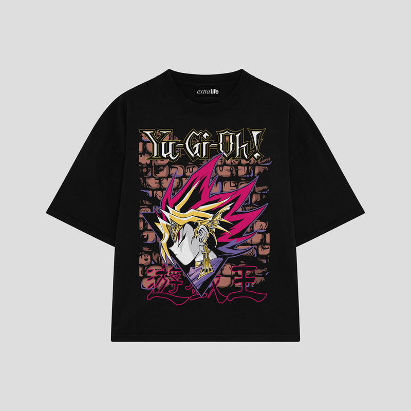 Playera streetwear premium de anime y gaming ExtraLife MX, corte boxy oversized drop shoulder heavyweight en color Deep Black y Off-White, moda urbana mexicana de culto.