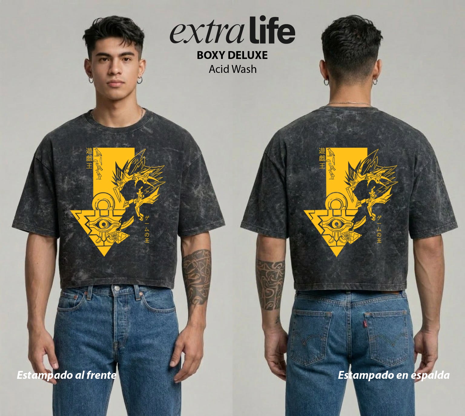Playera streetwear premium de anime y gaming ExtraLife MX, corte boxy deluxe mineral wash heavyweight en color Acid Wash, moda urbana mexicana de culto.